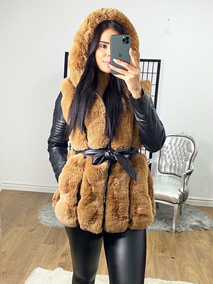 Lawton Tan Faux Fur Panelled Faux Leather Biker Jacket