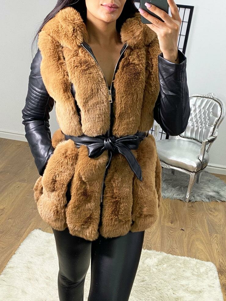 Lawton Tan Faux Fur Panelled Faux Leather Biker Jacket