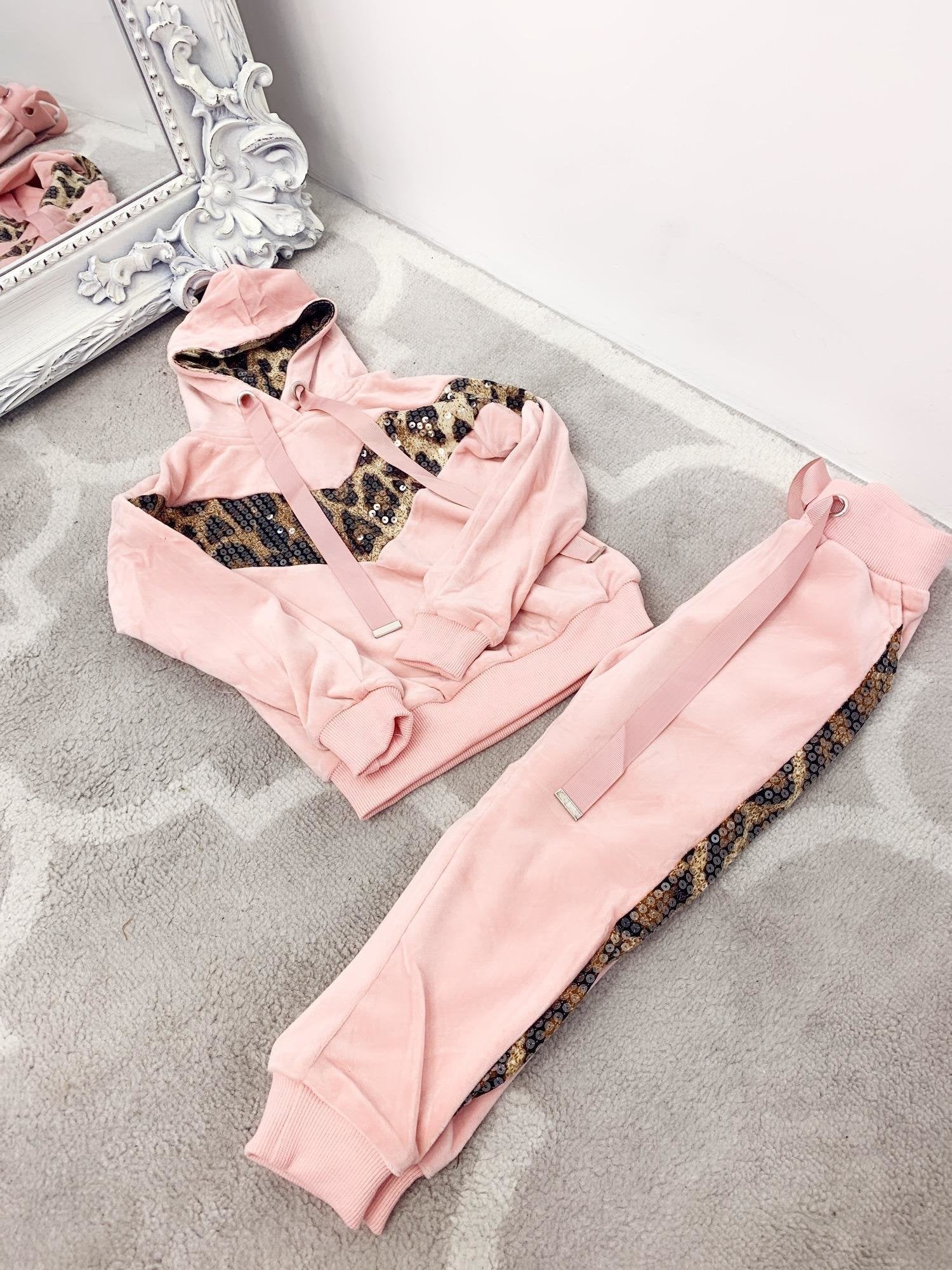 Leila Kids Sequin Leopard Printed Velvet Hooded Loungewear Set