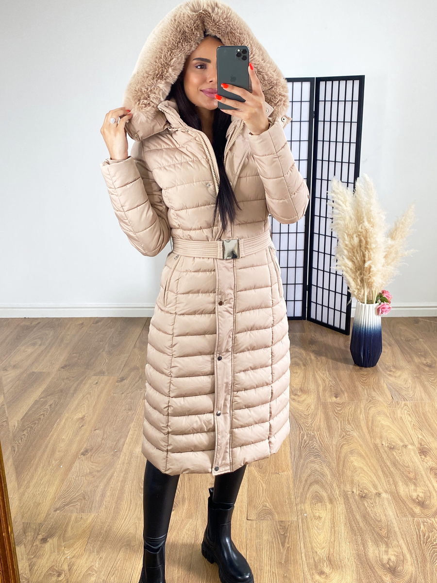 Lennon Beige Faux Fur Hooded Belted Maxi Puffer Coat