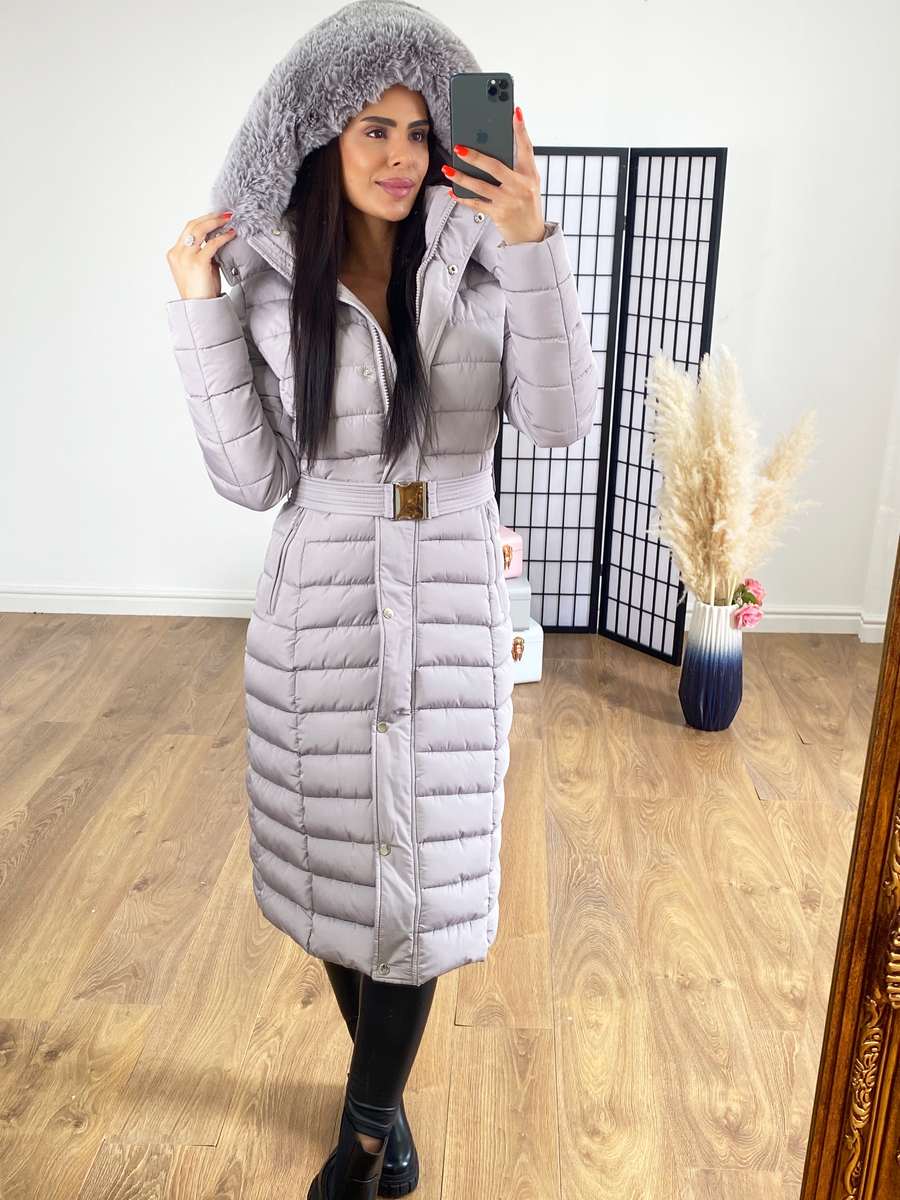 Grey belted puffer clearance coat
