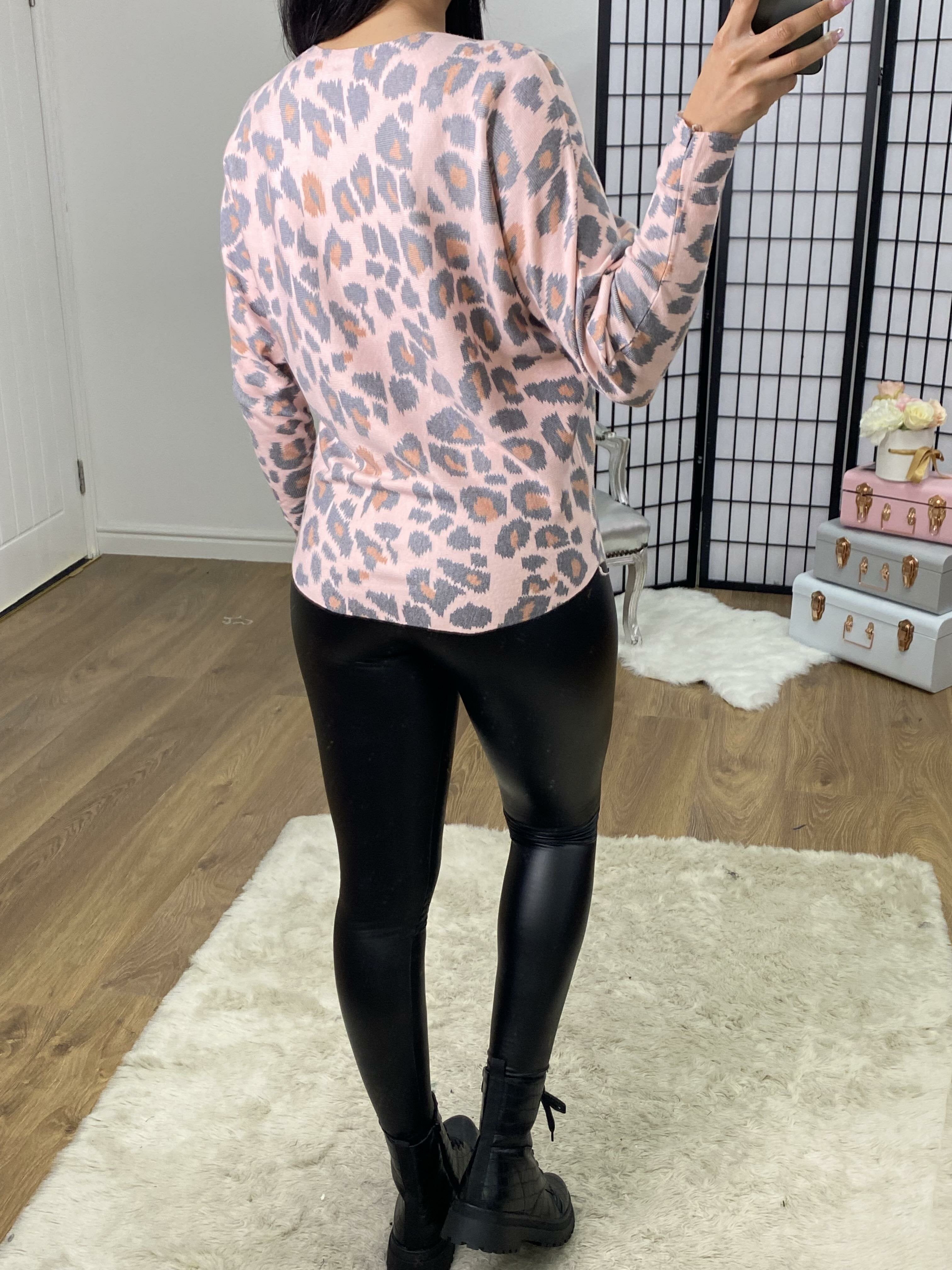 Leoli Super Soft Baby Pink Batwing Leopard Print Knit Jumper