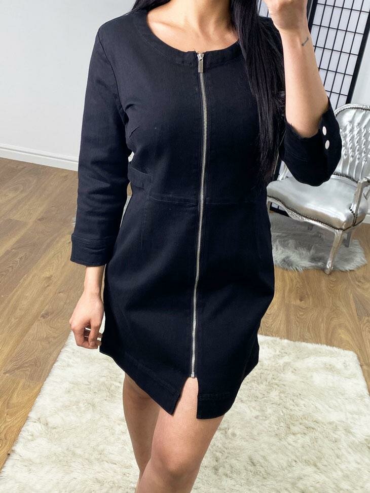 Lilan Black Denim Fitted Zip Dress