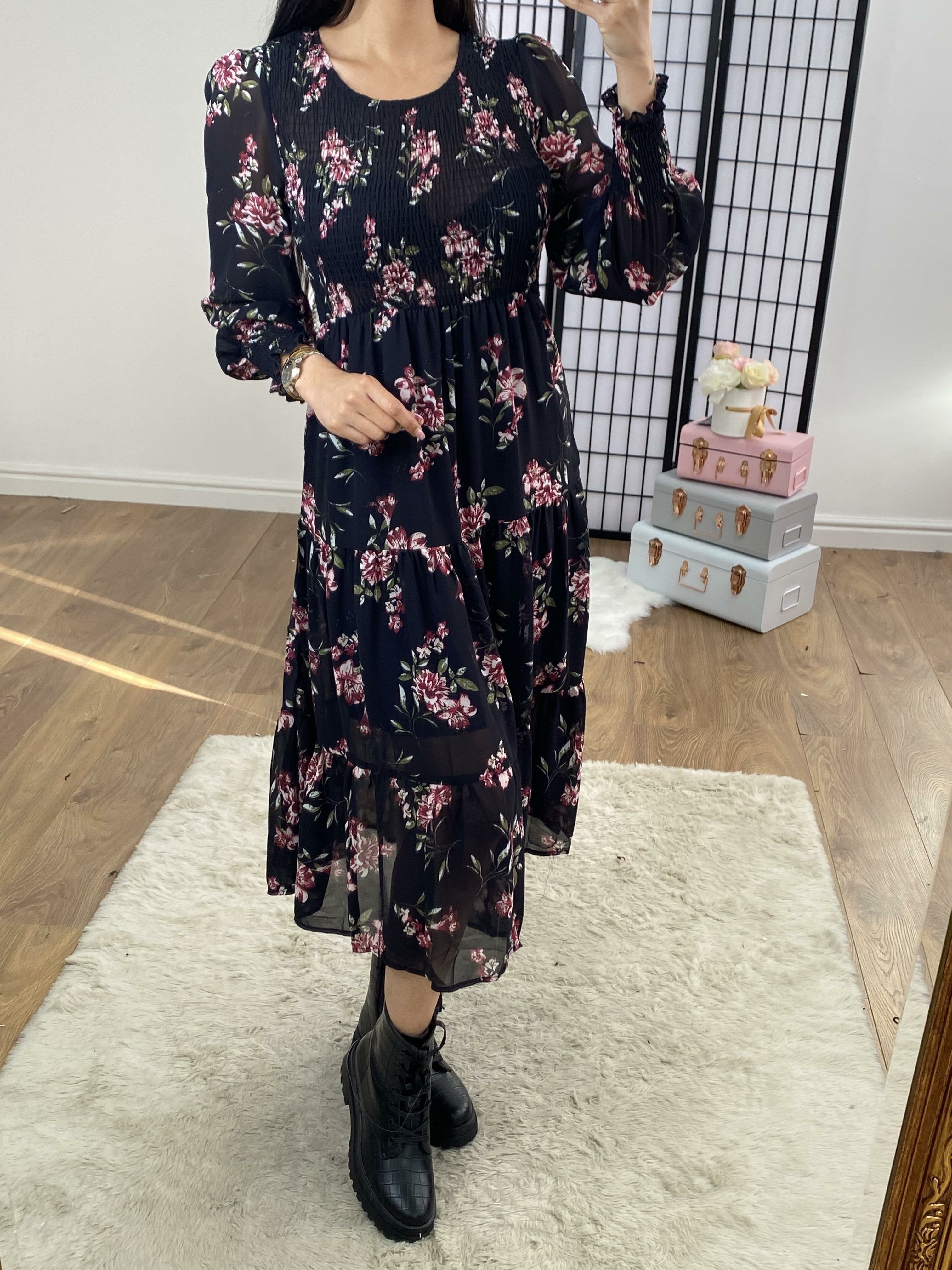 Liya Dark Navy Floral Elasticated Tiered Midi Dress