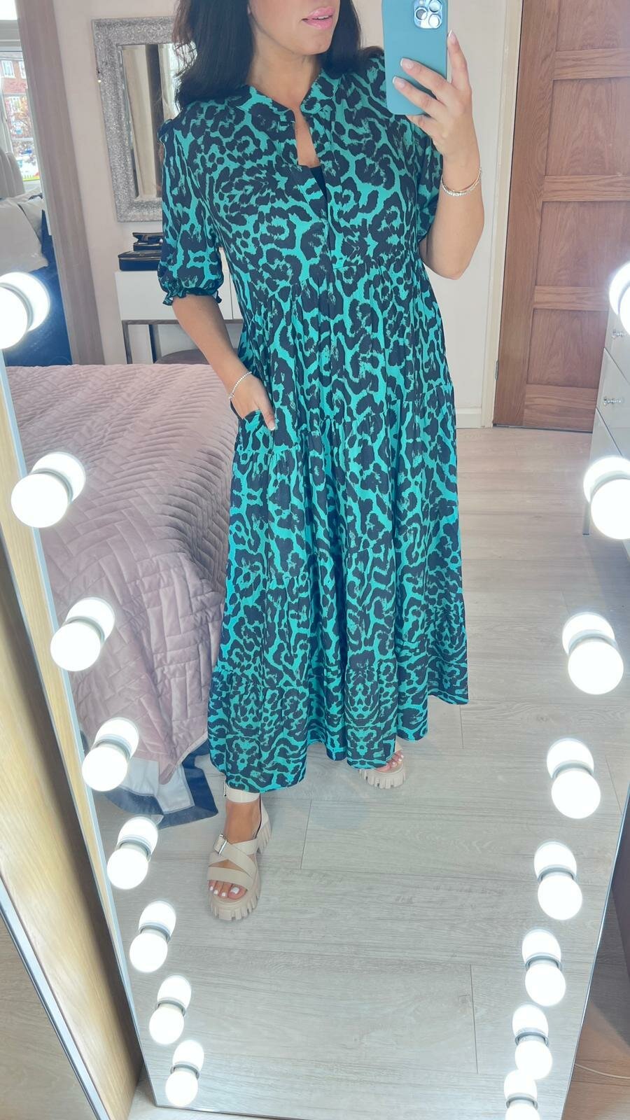 Lorri Jade Green Leopard Print Smock Maxi Dress