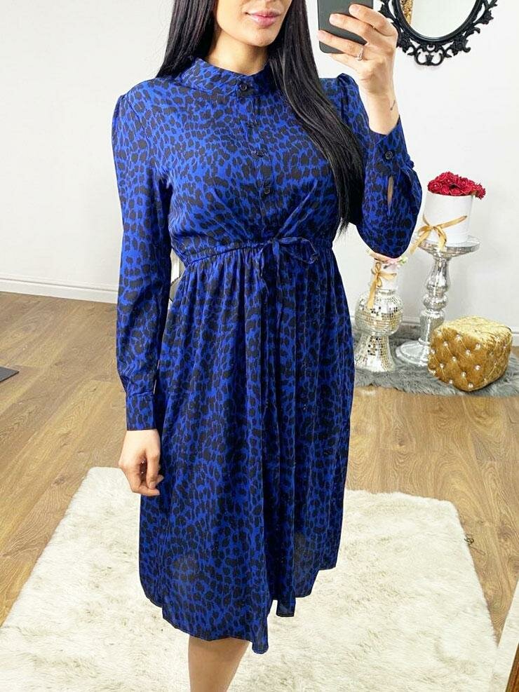 Louanna Royal Blue Leopard Tie Waist Midi Dress