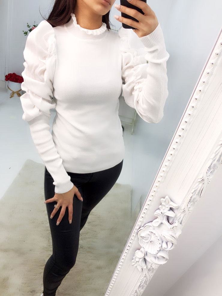 Lynett Silky Pearl Sheen Ruffle Puff Sleeve Knitted Jumper