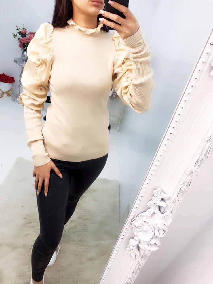 Lynett Silky Pearl Sheen Ruffle Puff Sleeve Knitted Jumper