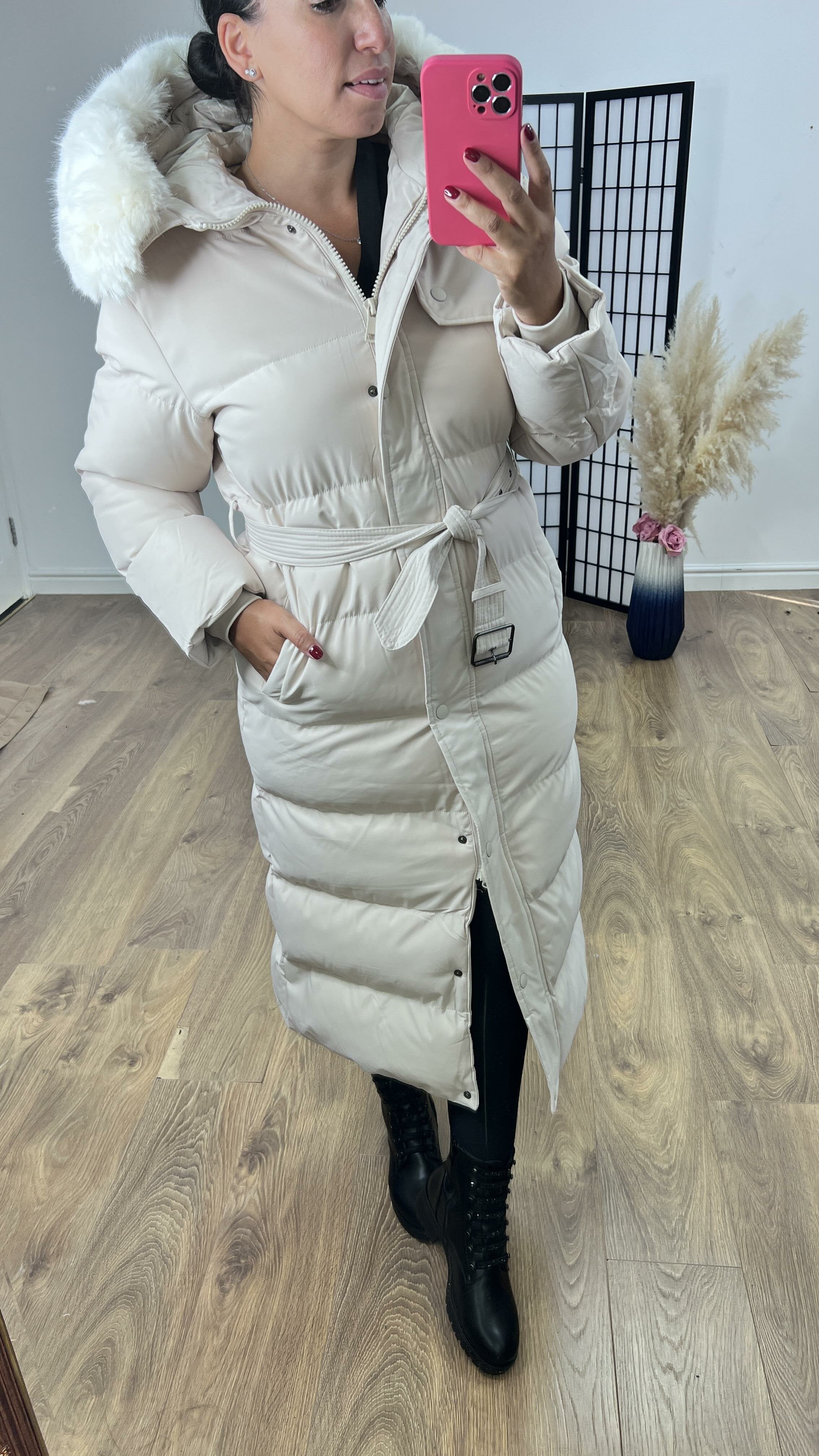 Maddox Beige Padded Faux Fur Hooded Coat