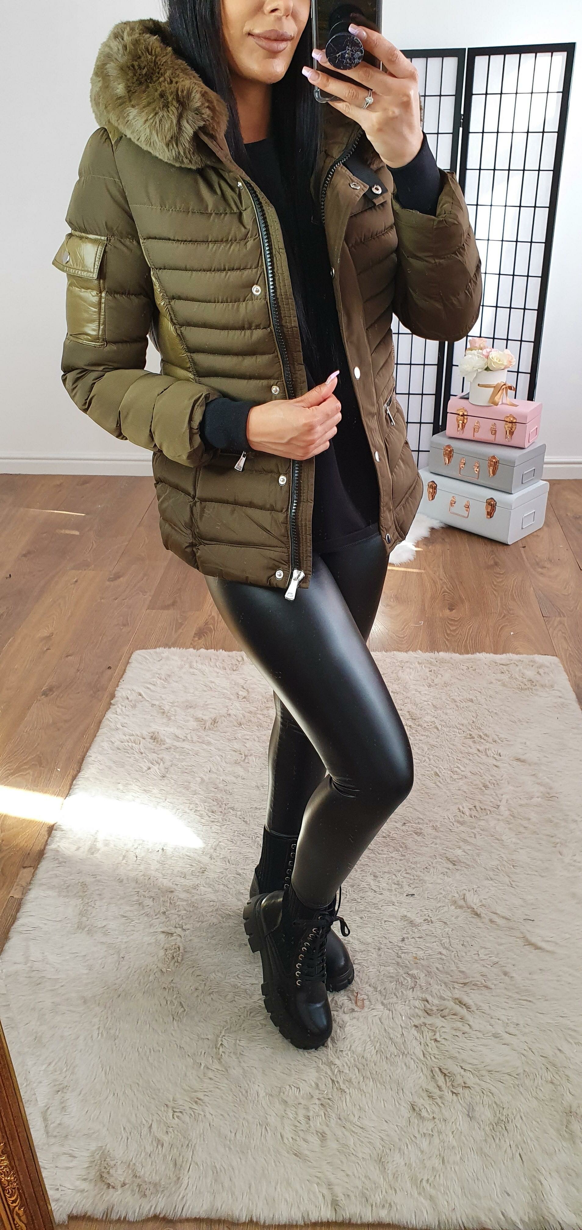 Madrina Khaki Padded Faux Fur Hooded Pocket Coat