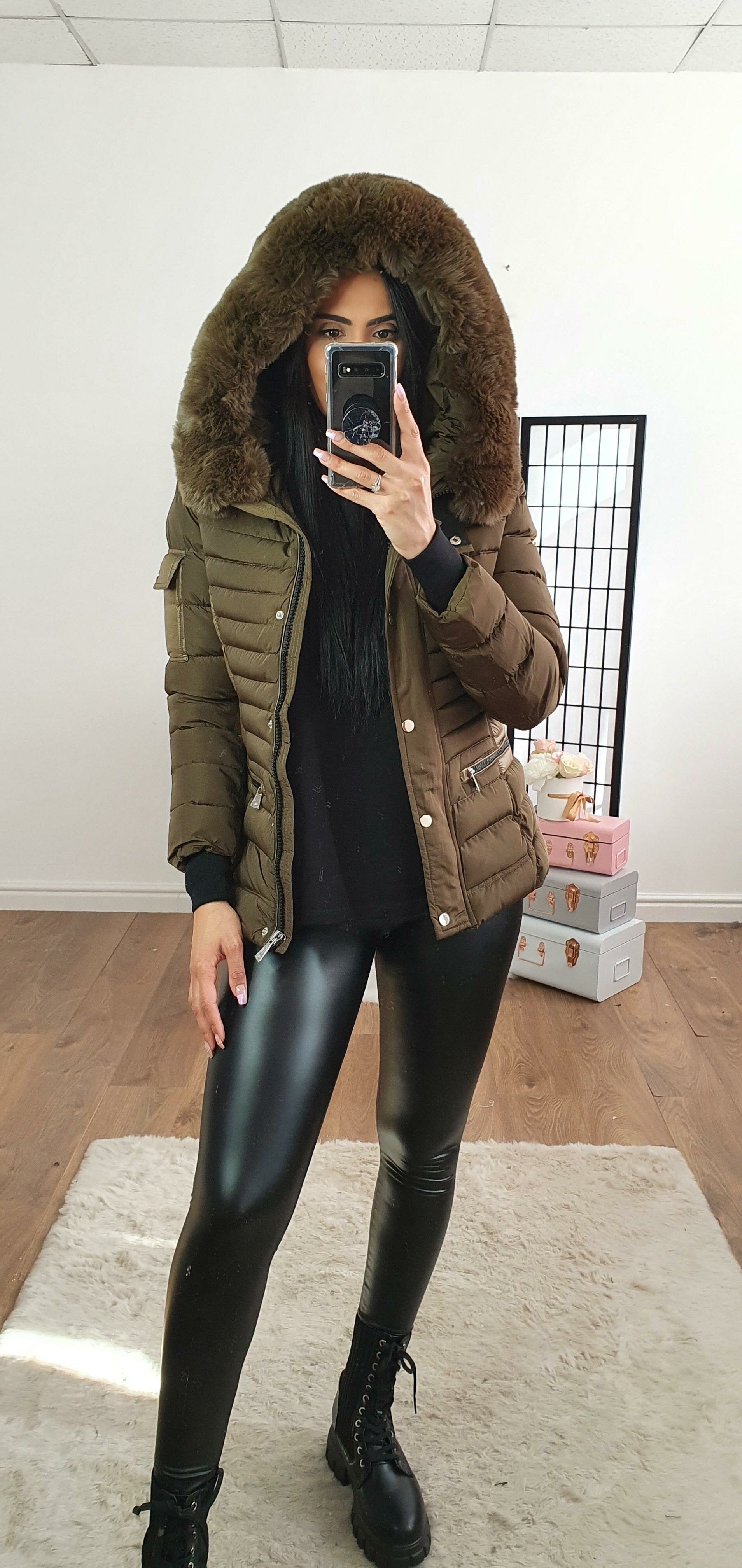 Madrina Khaki Padded Faux Fur Hooded Pocket Coat