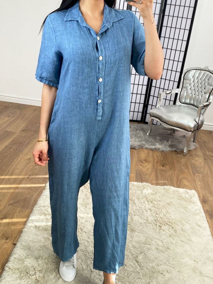 Mae Linen Button Detailed Straight Leg Jumpsuit
