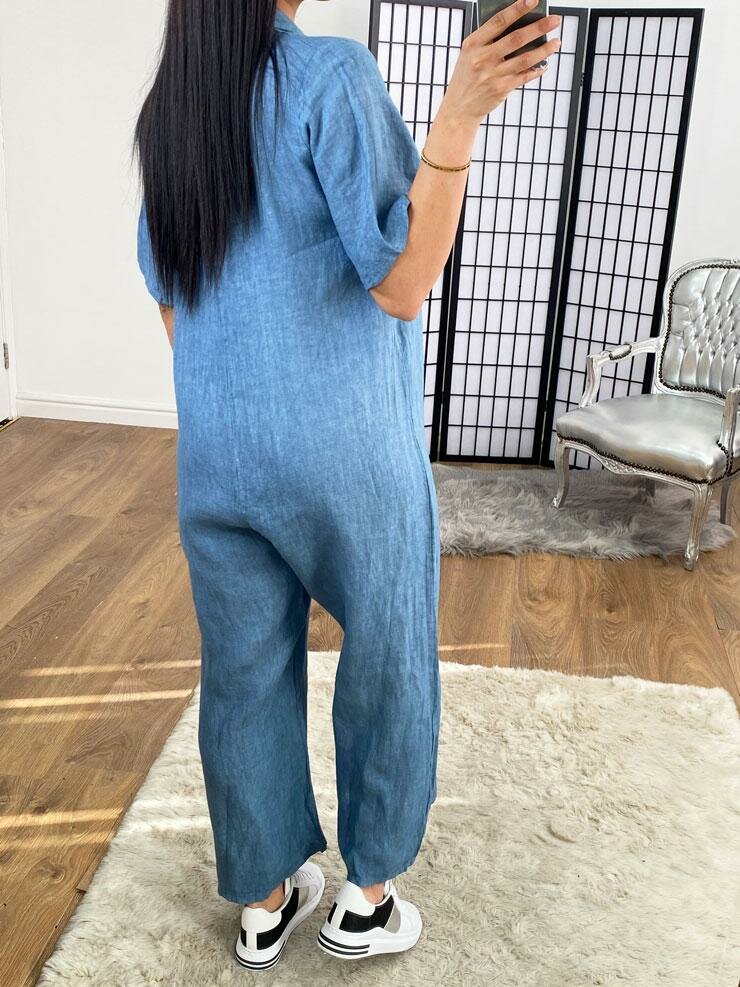 Mae Linen Button Detailed Straight Leg Jumpsuit