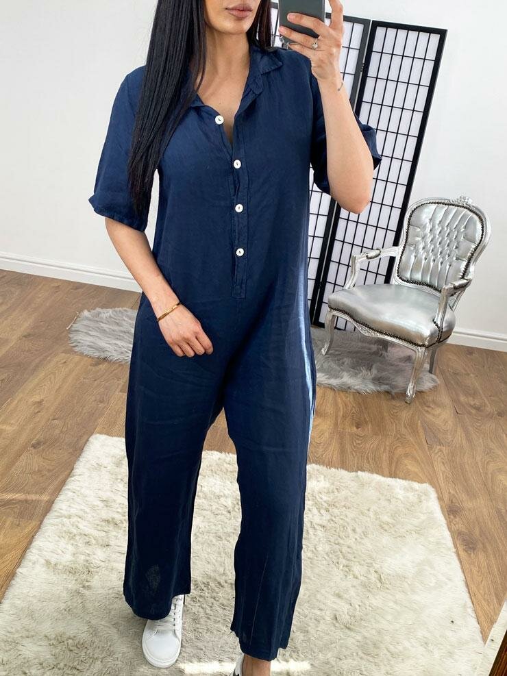 Mae Linen Button Detailed Straight Leg Jumpsuit