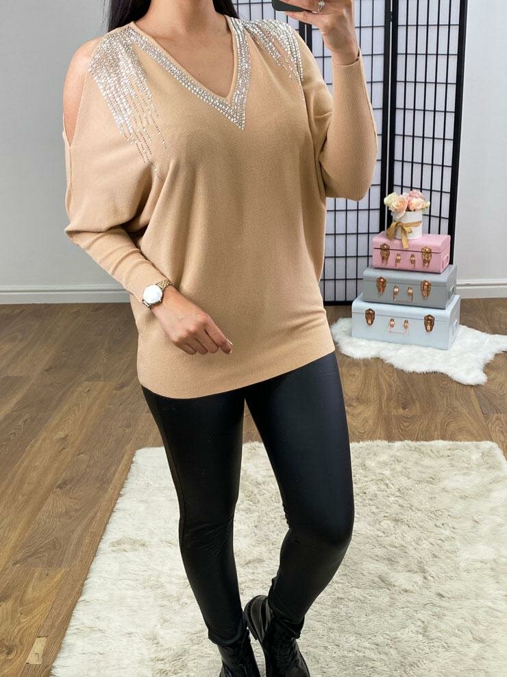 Malia Cold Shoulder Diamante Detailed Knitted Jumper
