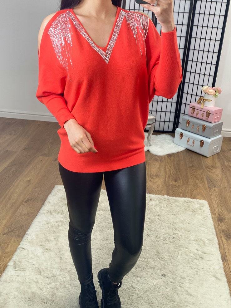Malia Cold Shoulder Diamante Detailed Knitted Jumper