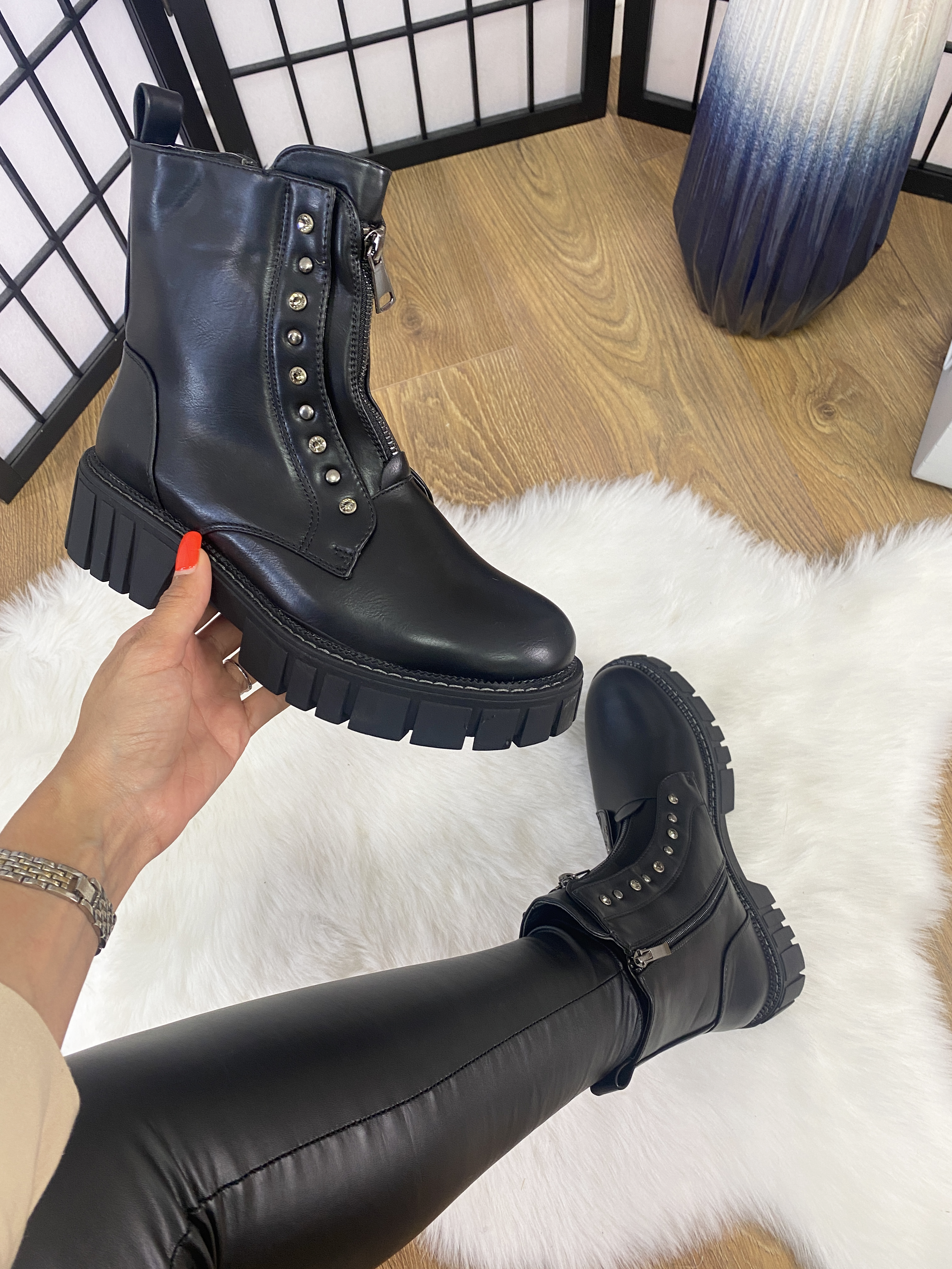 Manny Black Crystal Stud Biker Boot