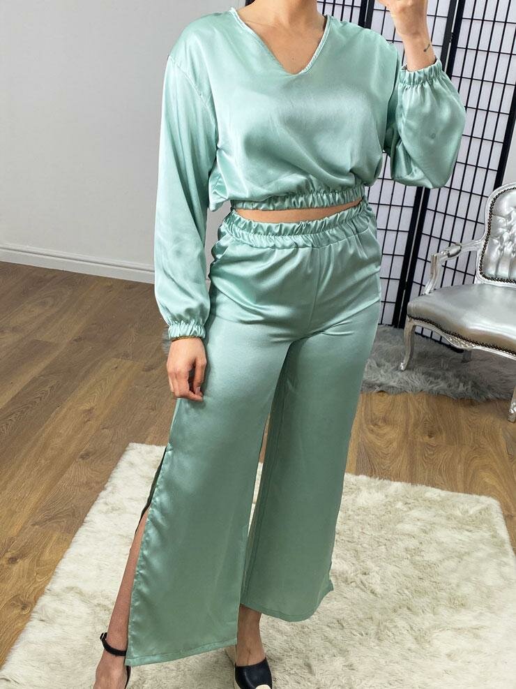 Manrika Satin Cropped Top Wide Leg Loungewear Set