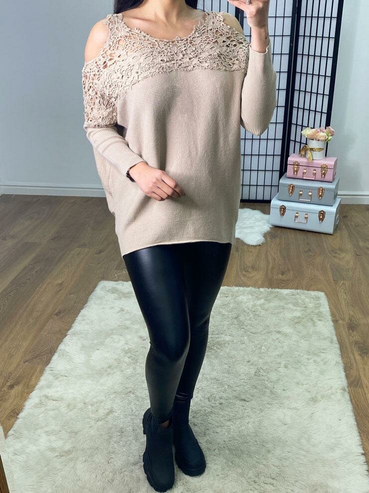 Maxinie Crochet Studded Cold Shoulder Ribbed Knit Jumper