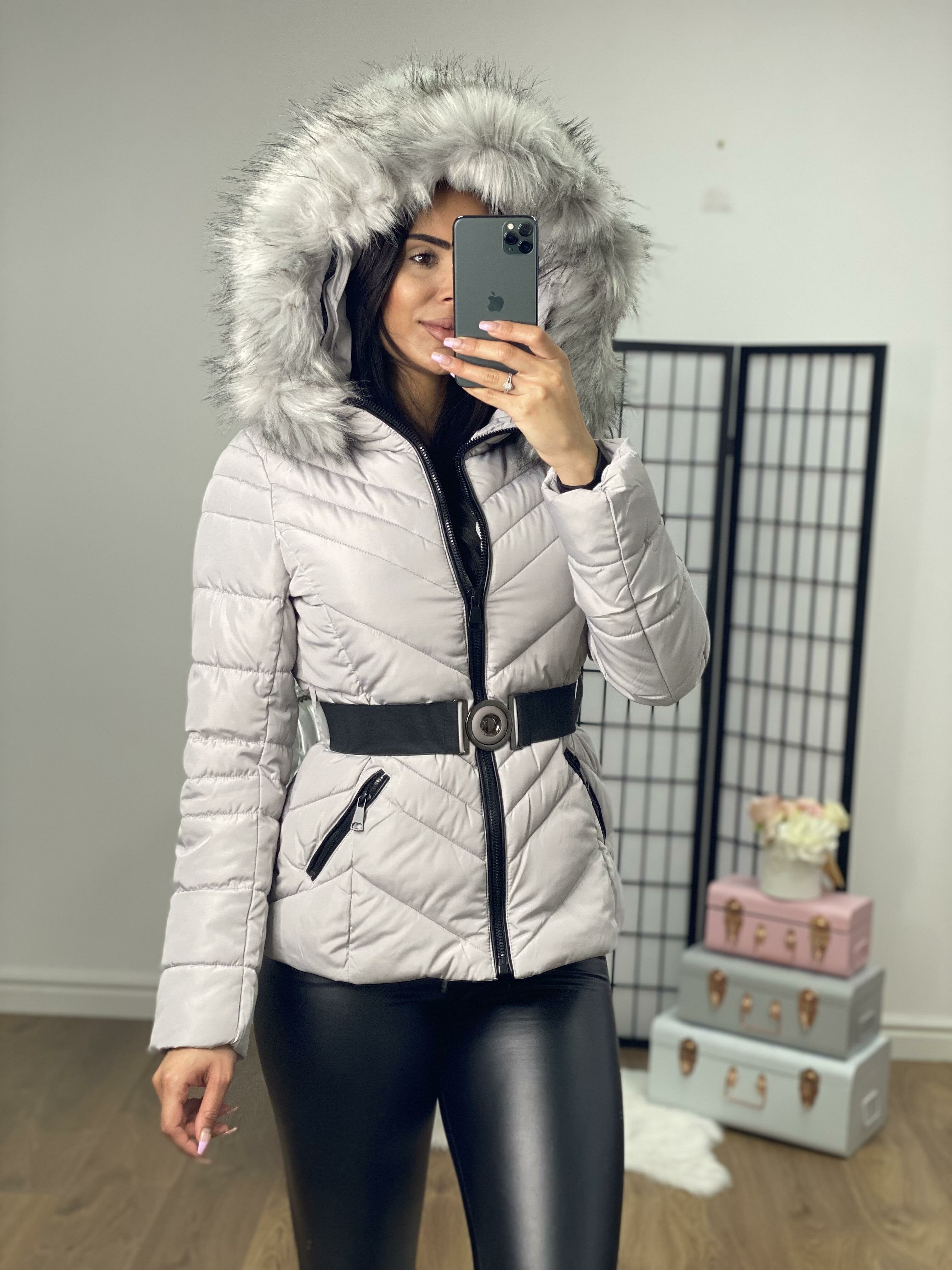 Merlo Grey Faux Fur Grey Speckled Hooded Coat