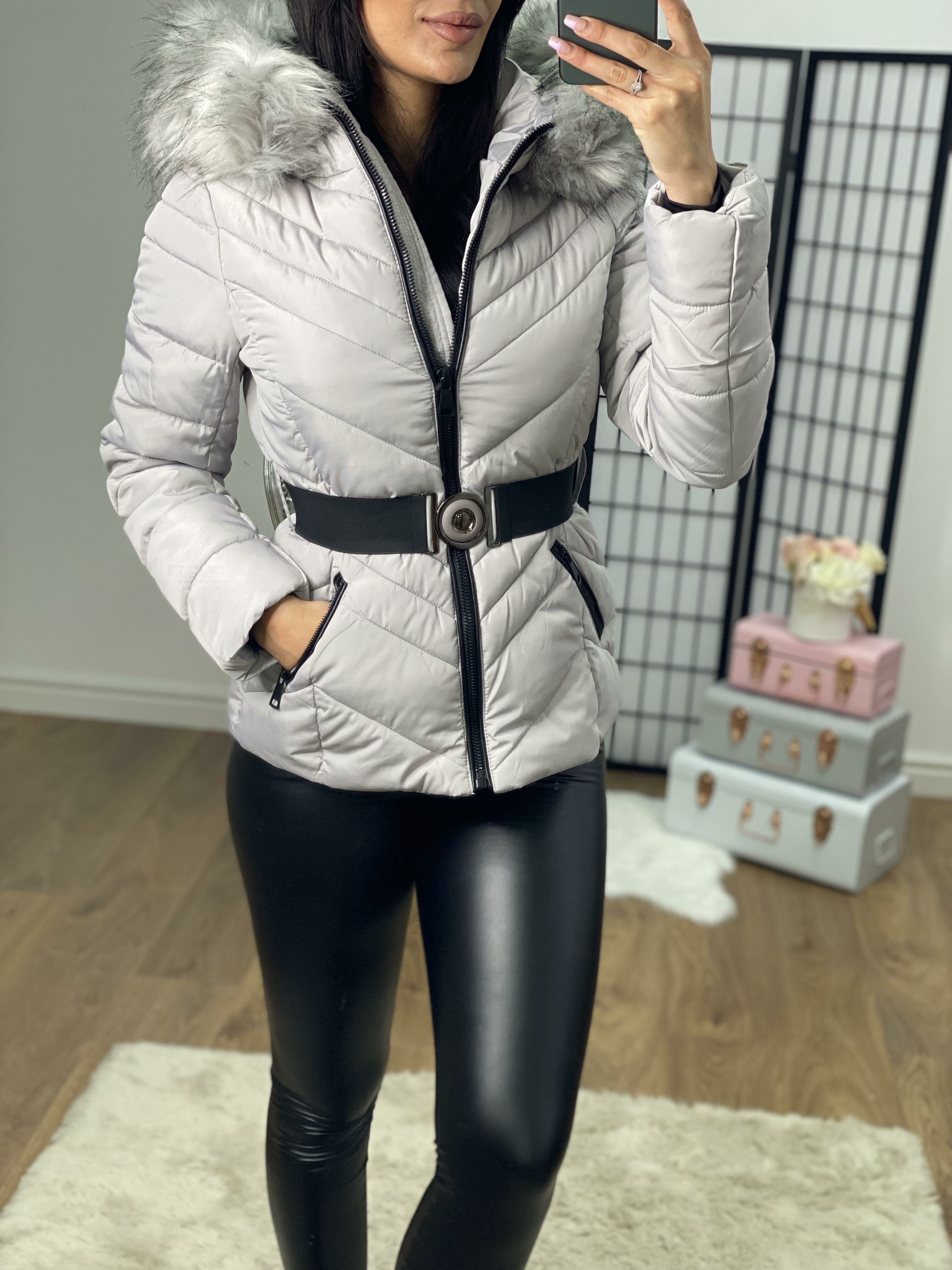 Merlo Grey Faux Fur Grey Speckled Hooded Coat