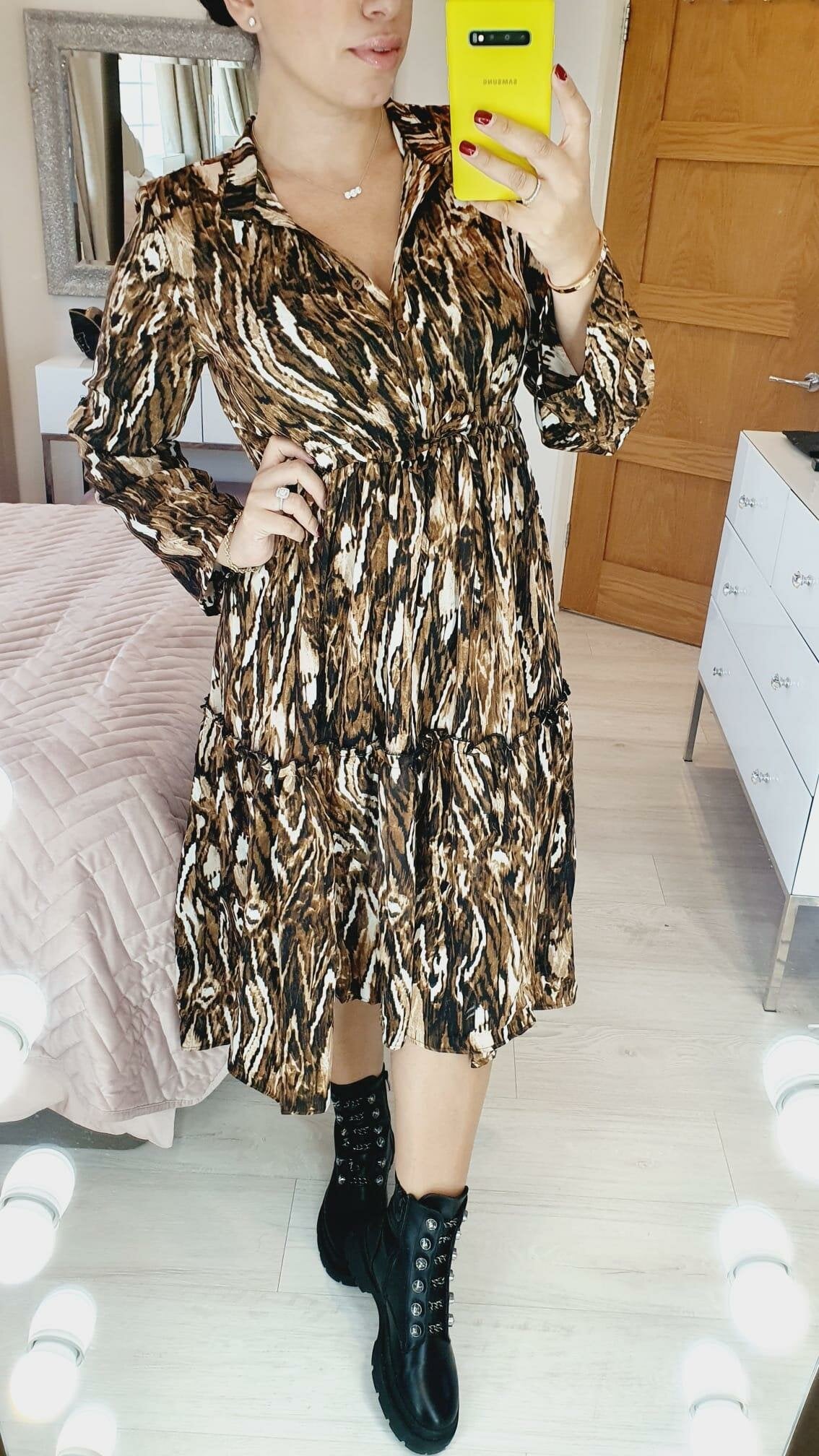 Michella Animal Print Tie Waist Tiered Swing Smock Dress