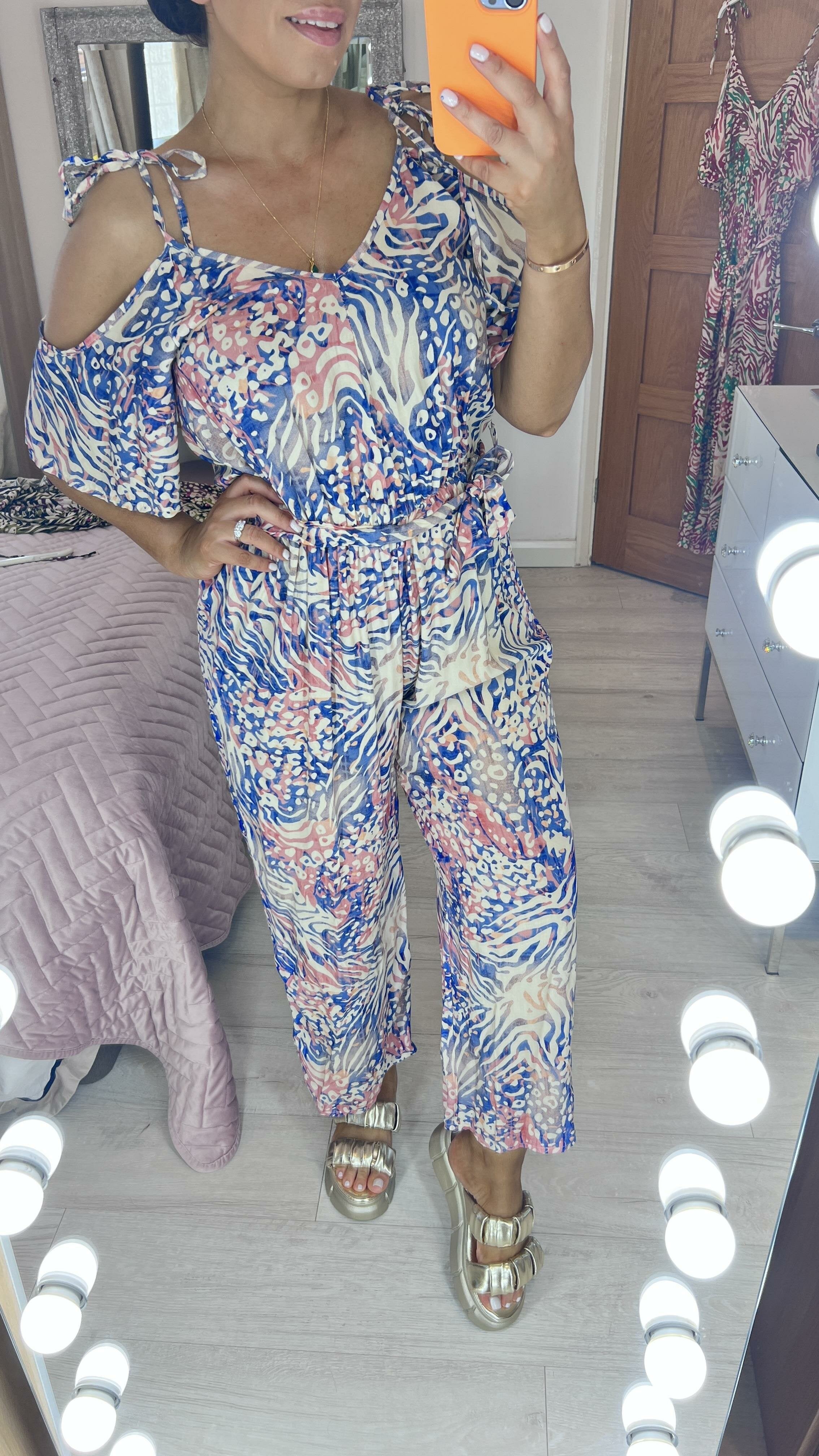 Monet Animal Print Cold Shoulder Jumpsuit