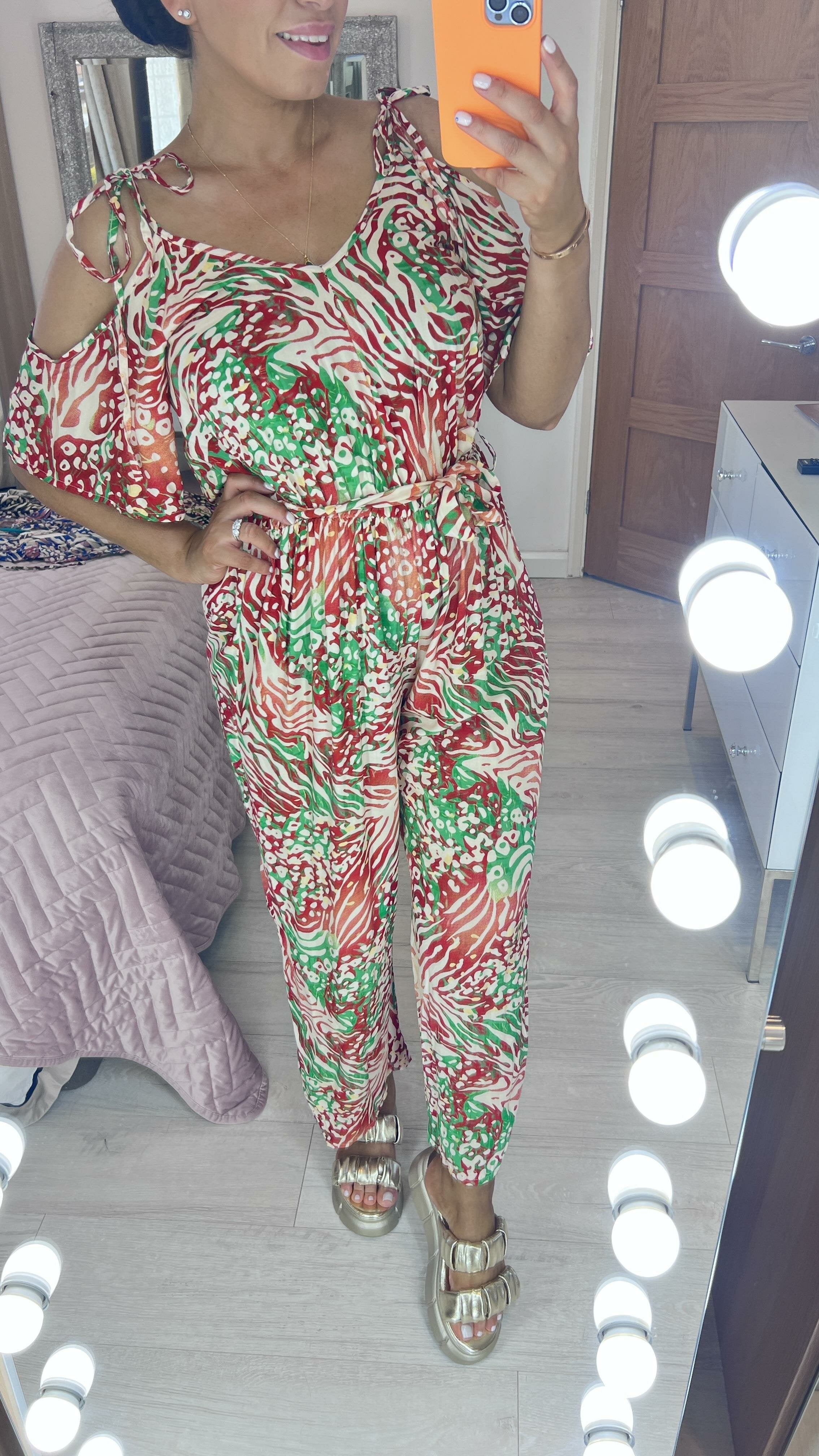 Monet Animal Print Cold Shoulder Jumpsuit