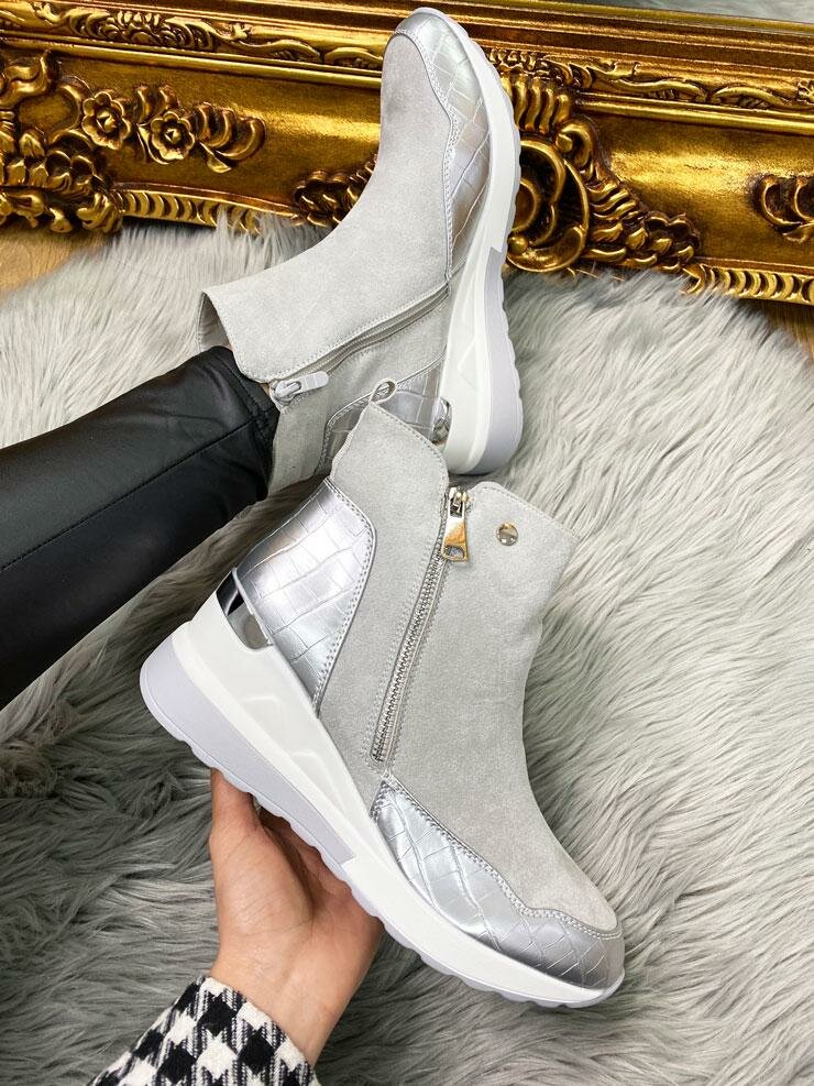 Monie Light Grey Croc Effect Wedge Insert Sock Trainers