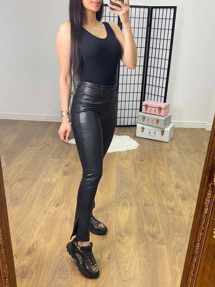 Monti Black PU Bootleg Split Hem Trouser