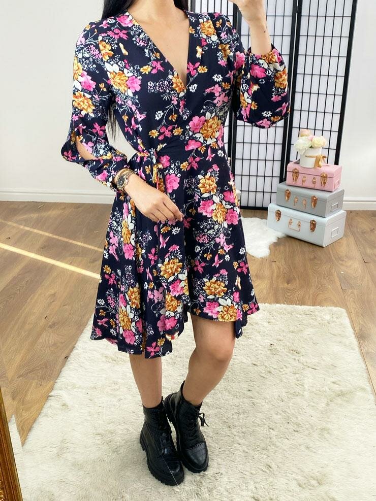 Sev Navy Pink Floral Wrap Swing Dress
