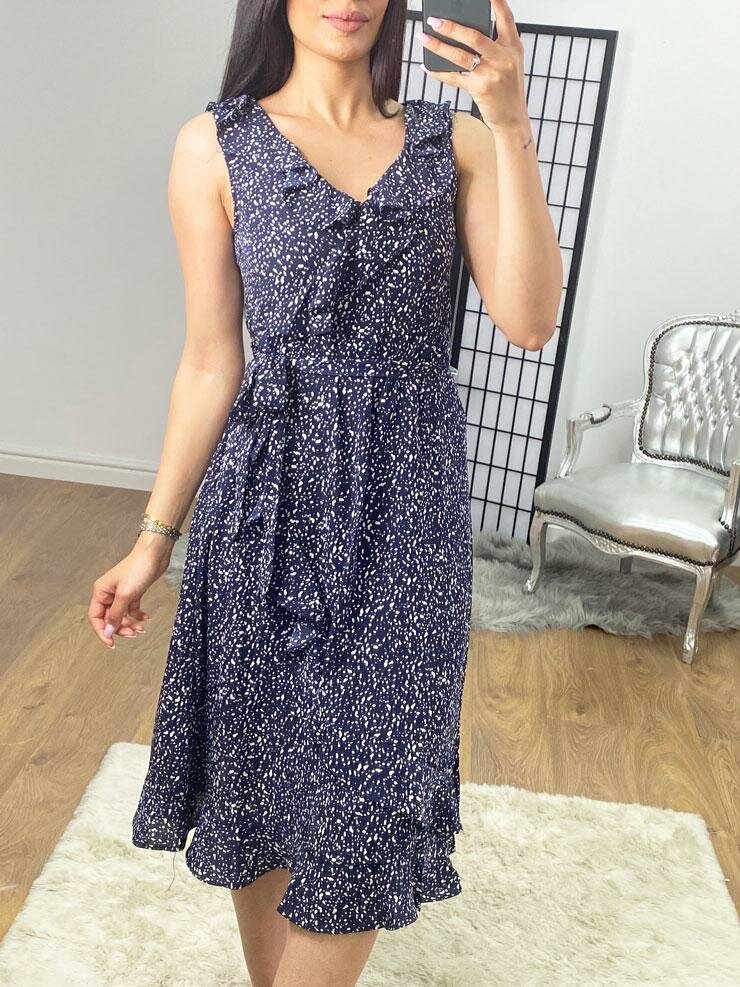 Selenta Navy Frill Detailed Polka Wrap Print Swing Dress
