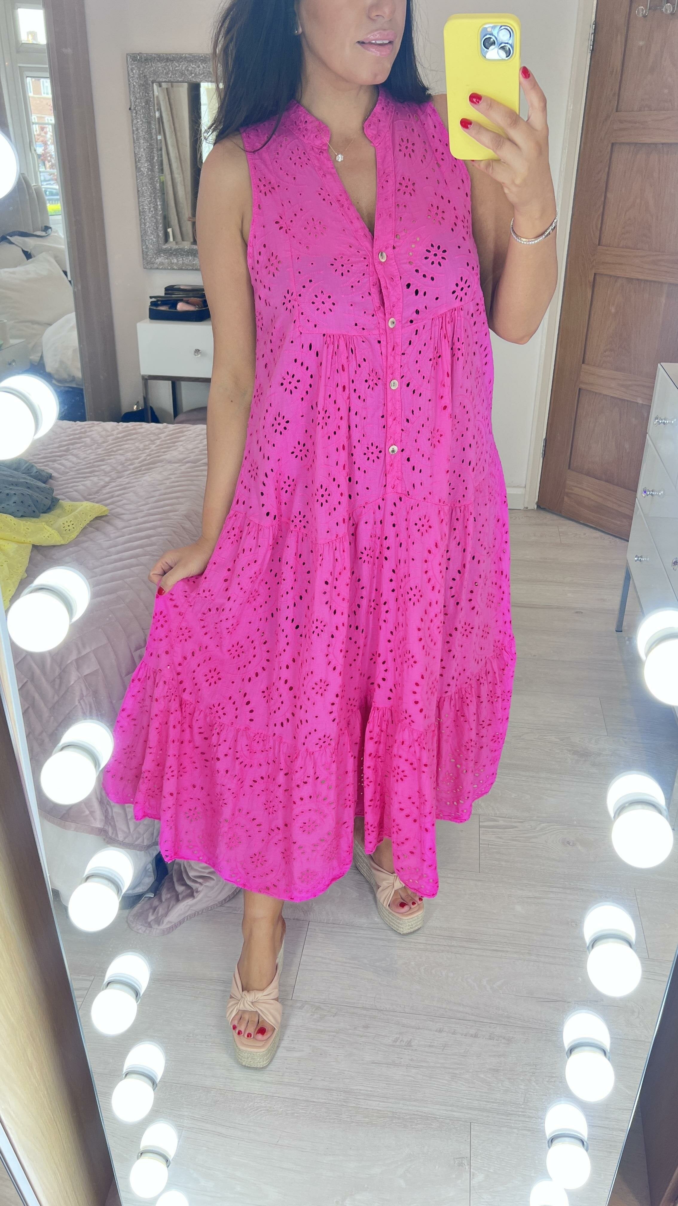 Nessie Sleeveless Broderie Tiered Hem Smock Maxi Dress