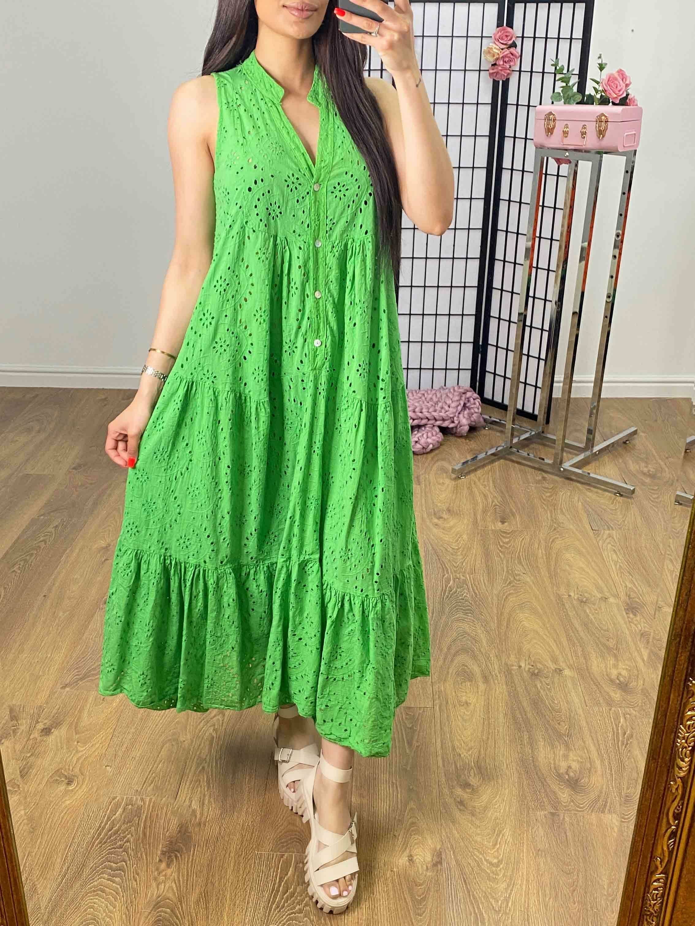 Nessie Sleeveless Broderie Tiered Hem Smock Maxi Dress