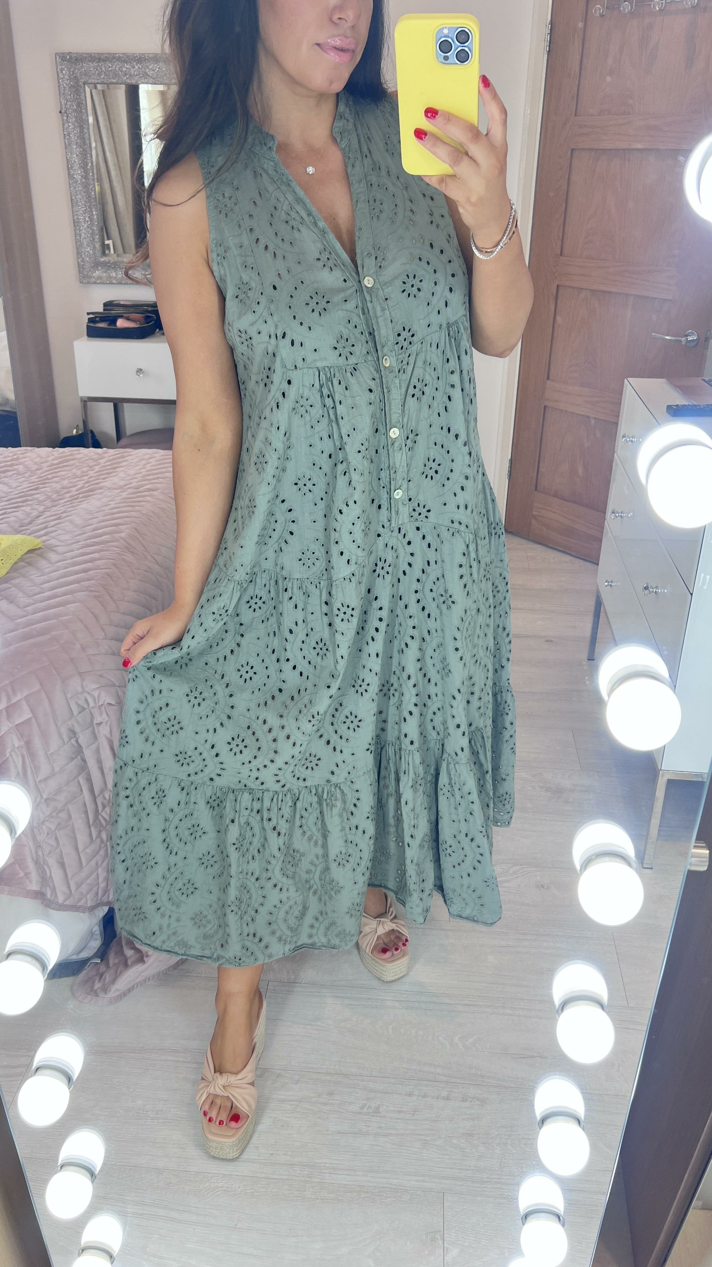 Nessie Sleeveless Broderie Tiered Hem Smock Maxi Dress