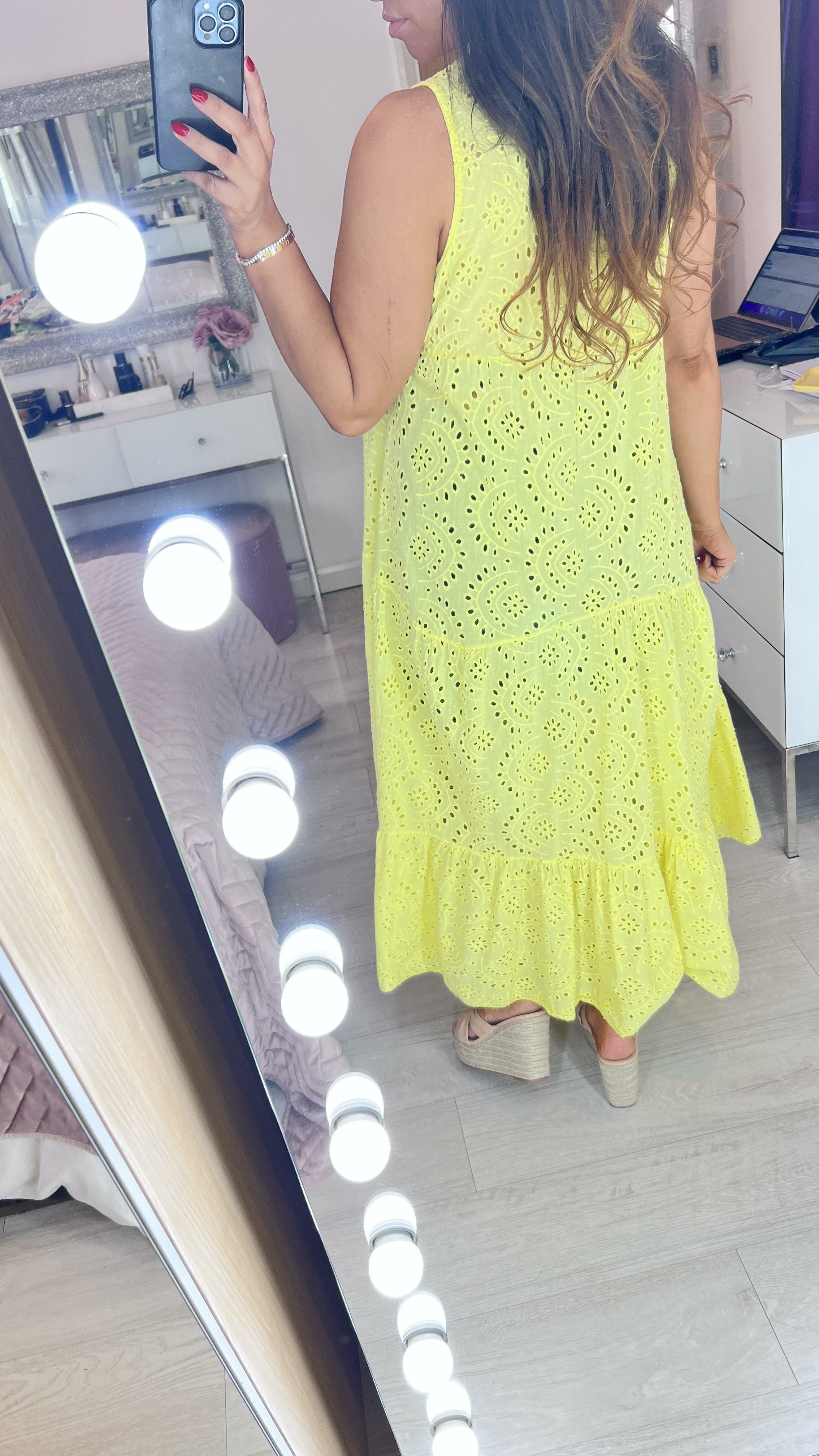 Nessie Sleeveless Broderie Tiered Hem Smock Maxi Dress