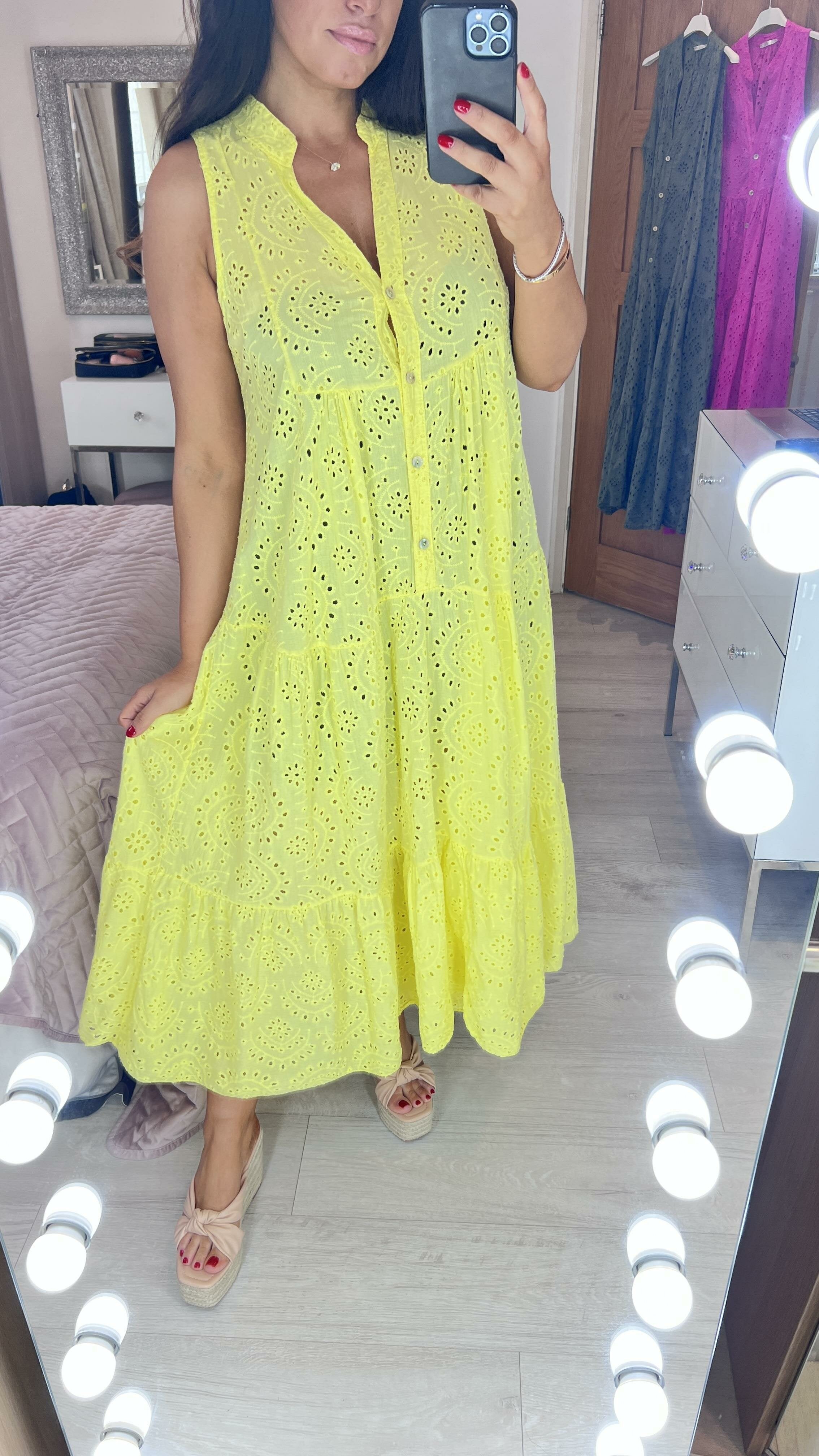 Nessie Sleeveless Broderie Tiered Hem Smock Maxi Dress