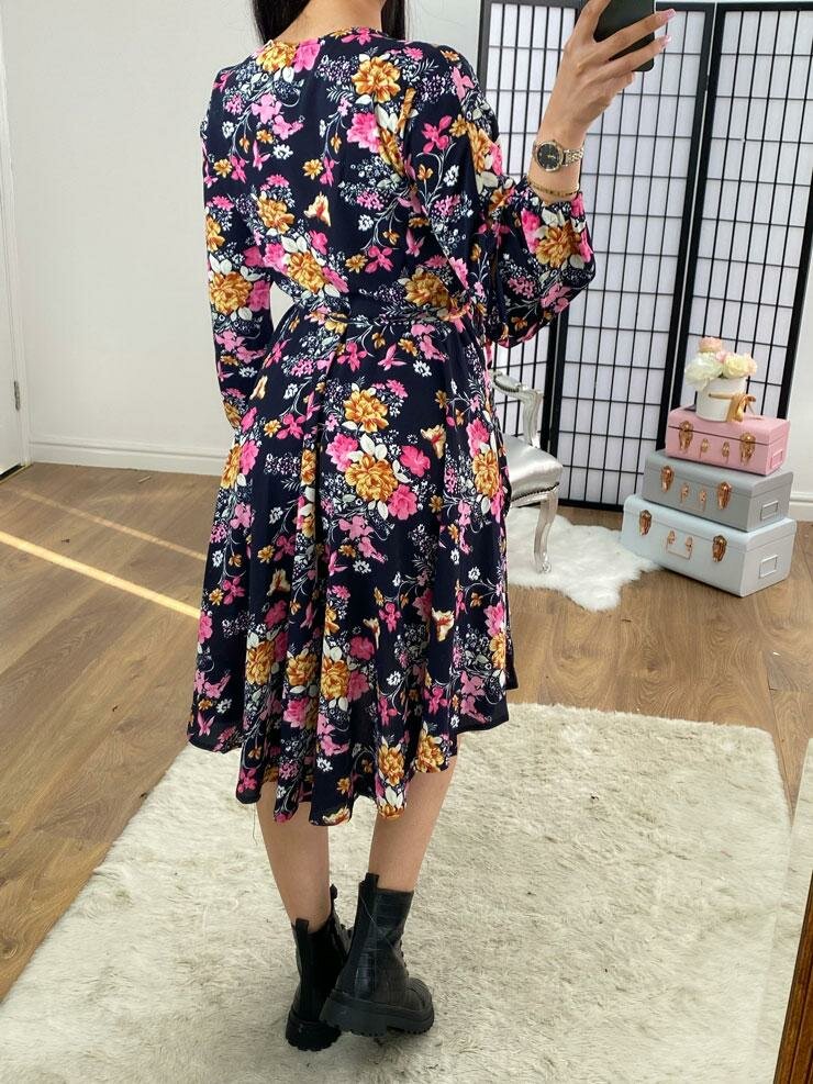 Sev Navy Pink Floral Wrap Swing Dress