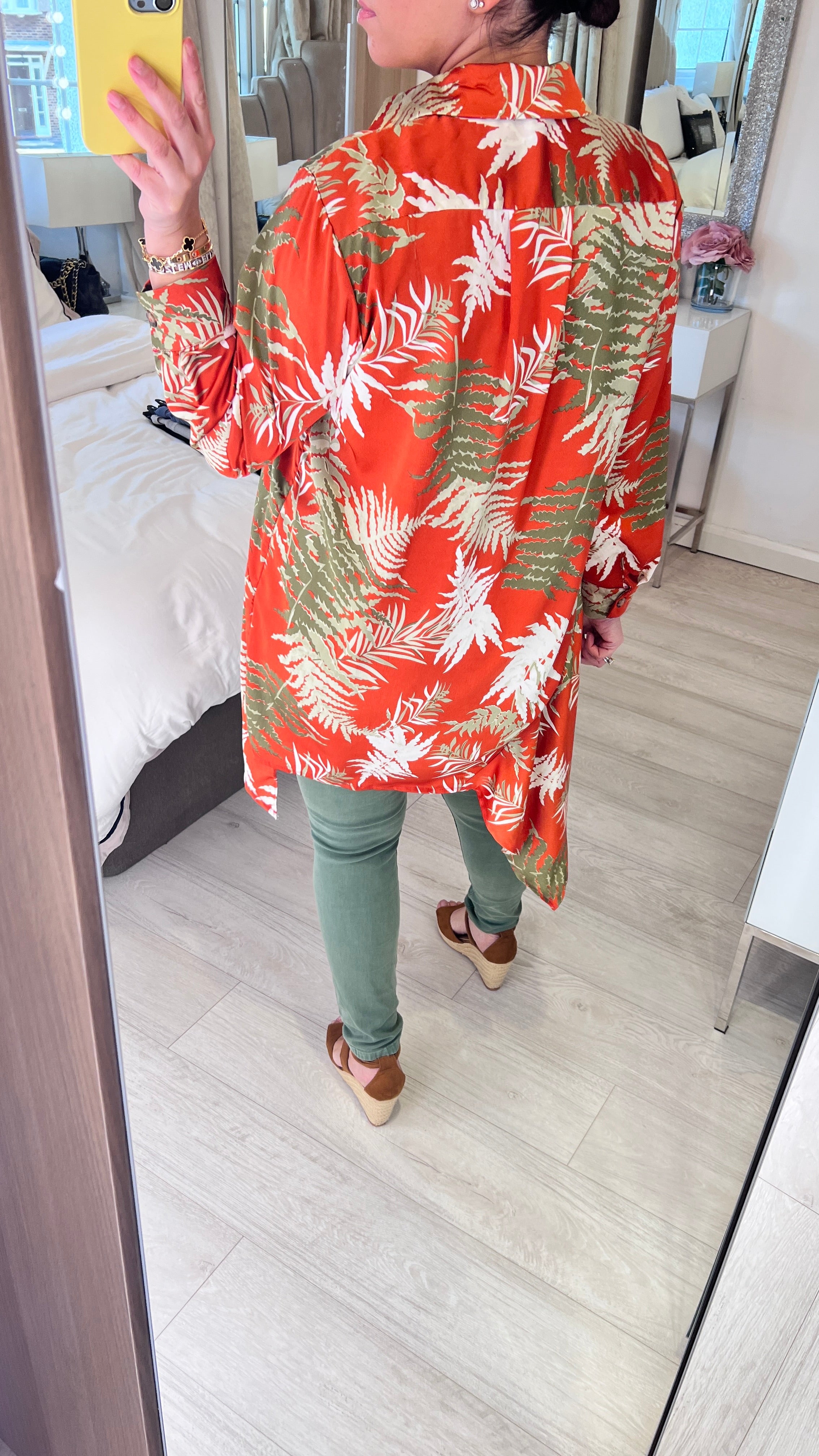 Newington Rust Leaf Print Asymmetric Hem Satin Blouse
