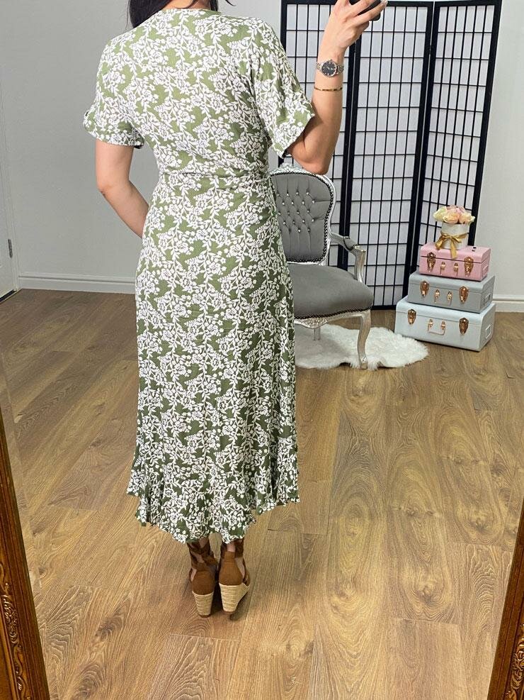 Nori Khaki Floral Print Wrap Dress