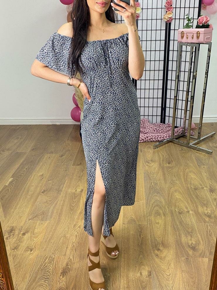 Ophelia Navy Bardot Ditsy Floral Print Split Side Dress