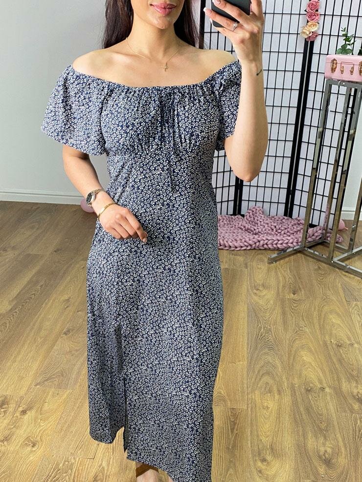 Ophelia Navy Bardot Ditsy Floral Print Split Side Dress