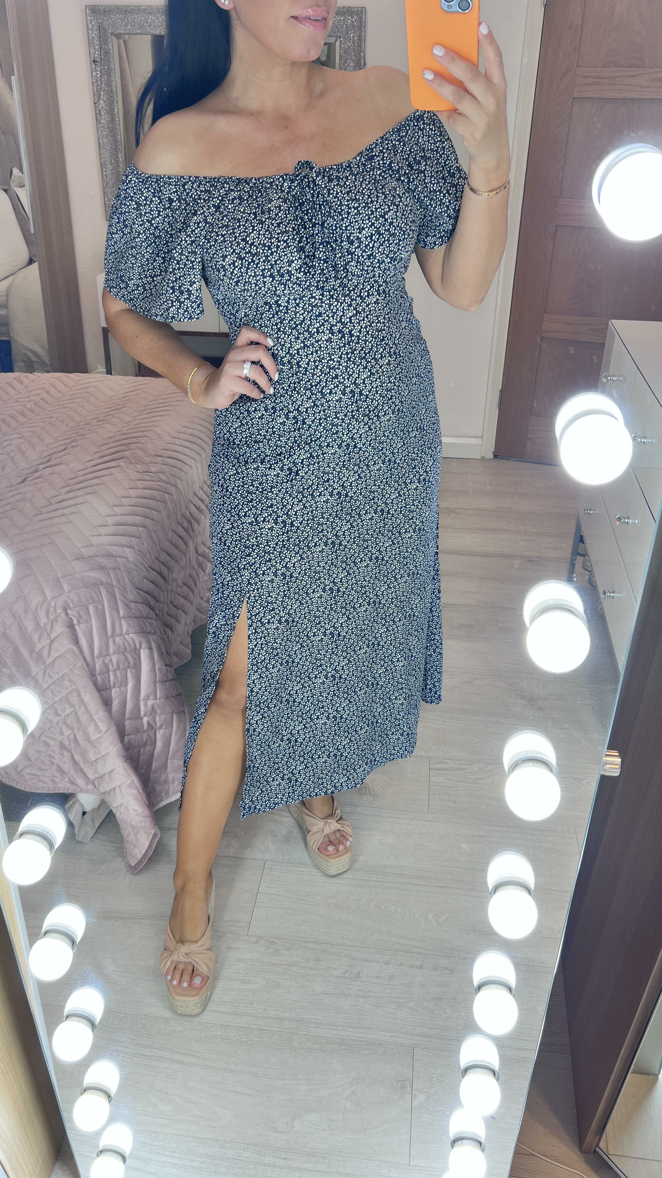 Ophelia Navy Bardot Ditsy Floral Print Split Side Dress