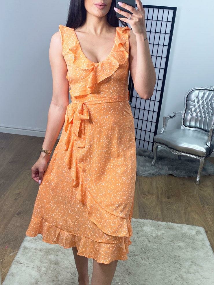 Selenta Orange Frill Detailed Polka Wrap Print Swing Dress