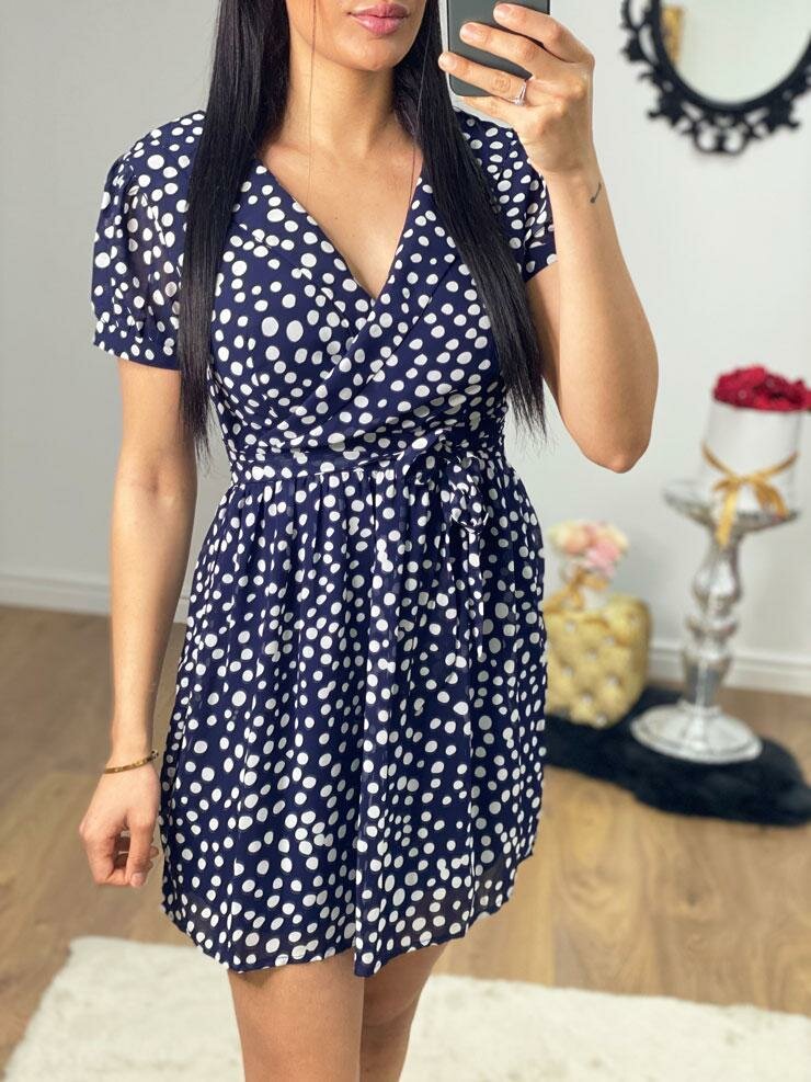 Orlene Navy Polka Dot Puff Sleeve Mini Dress