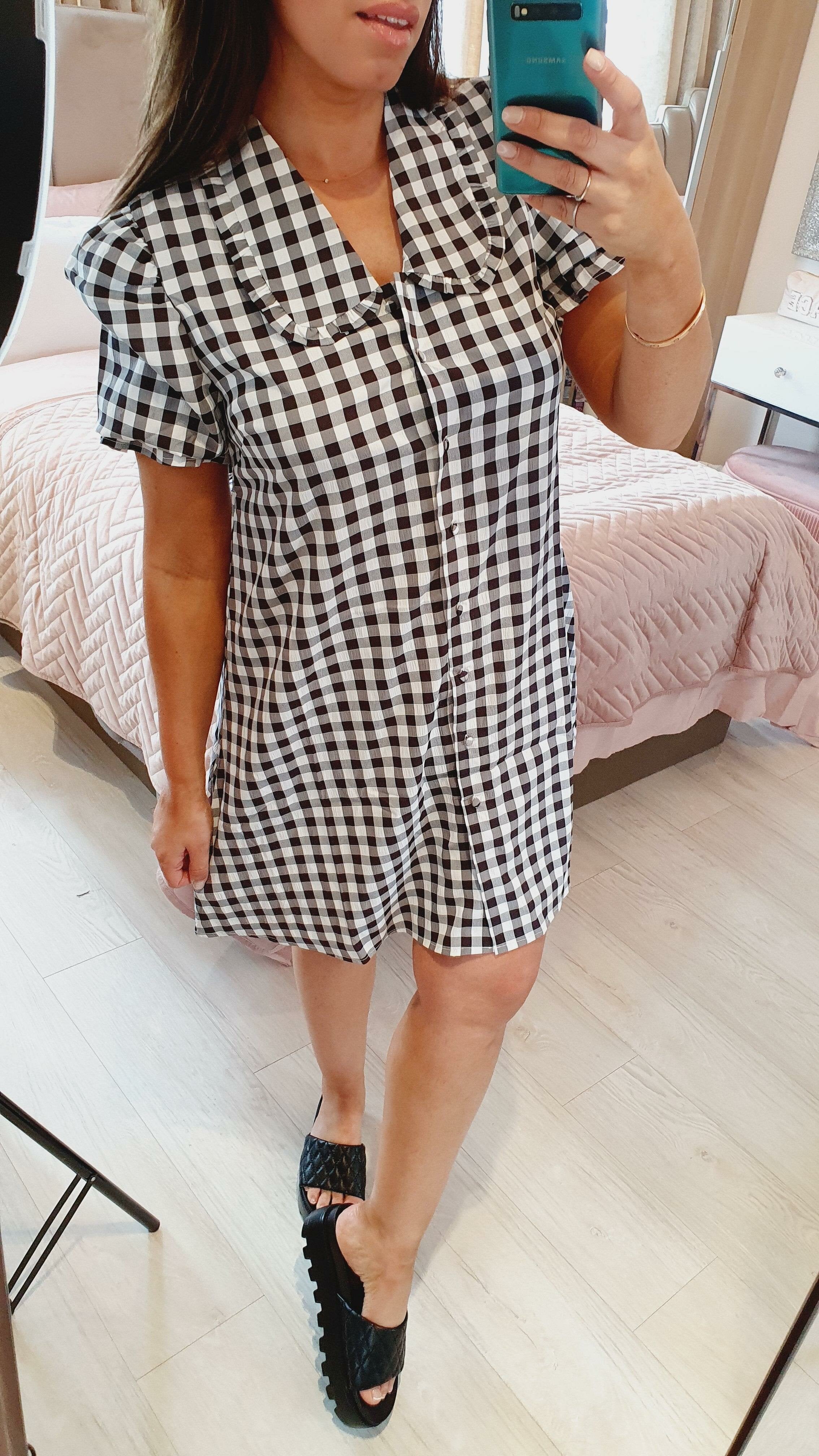 Pansy Checked Black And White Frill Shirt Dress