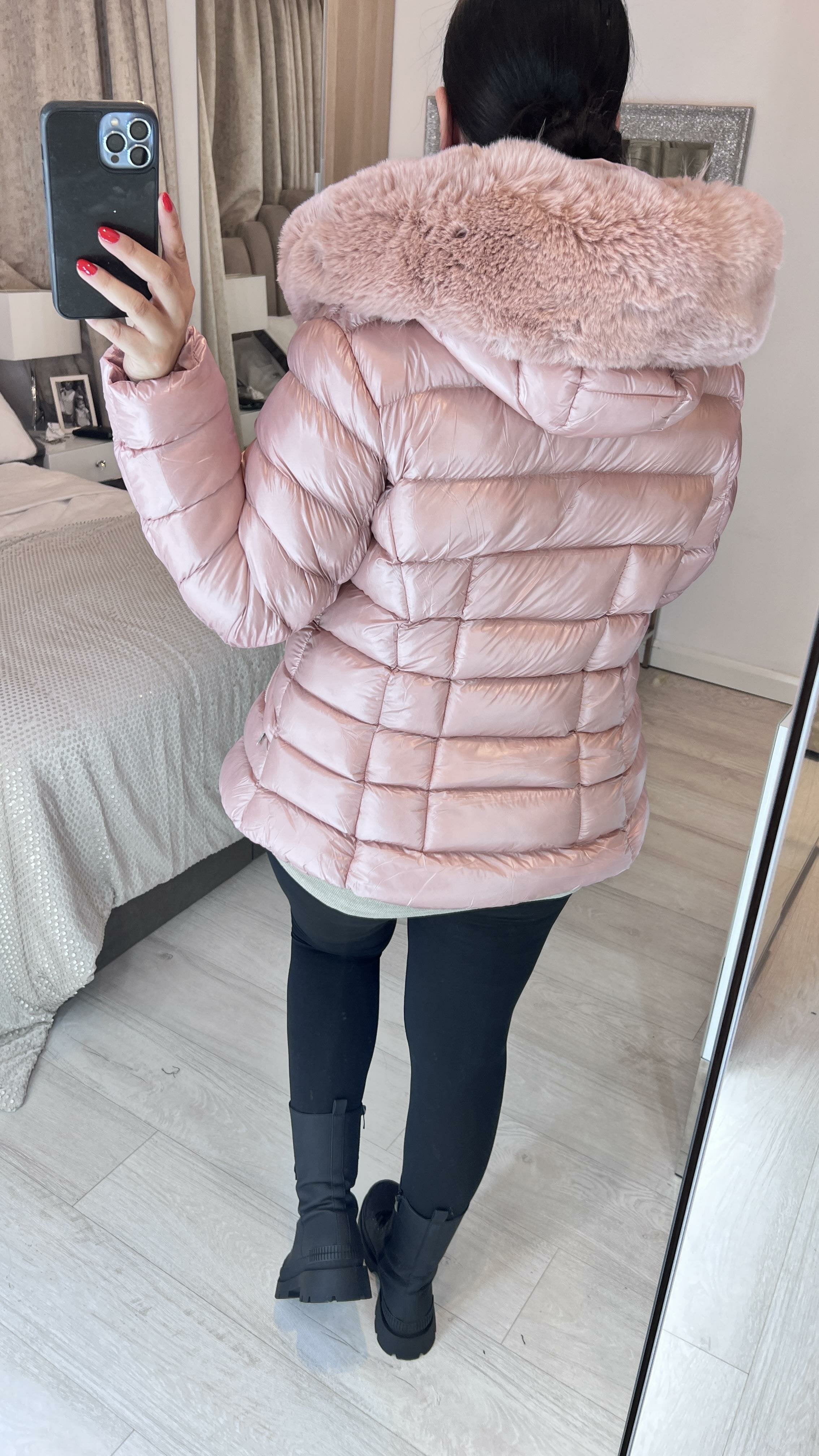 Pentala Pink Faux Fur Hooded Wet Look Puffer Jacket