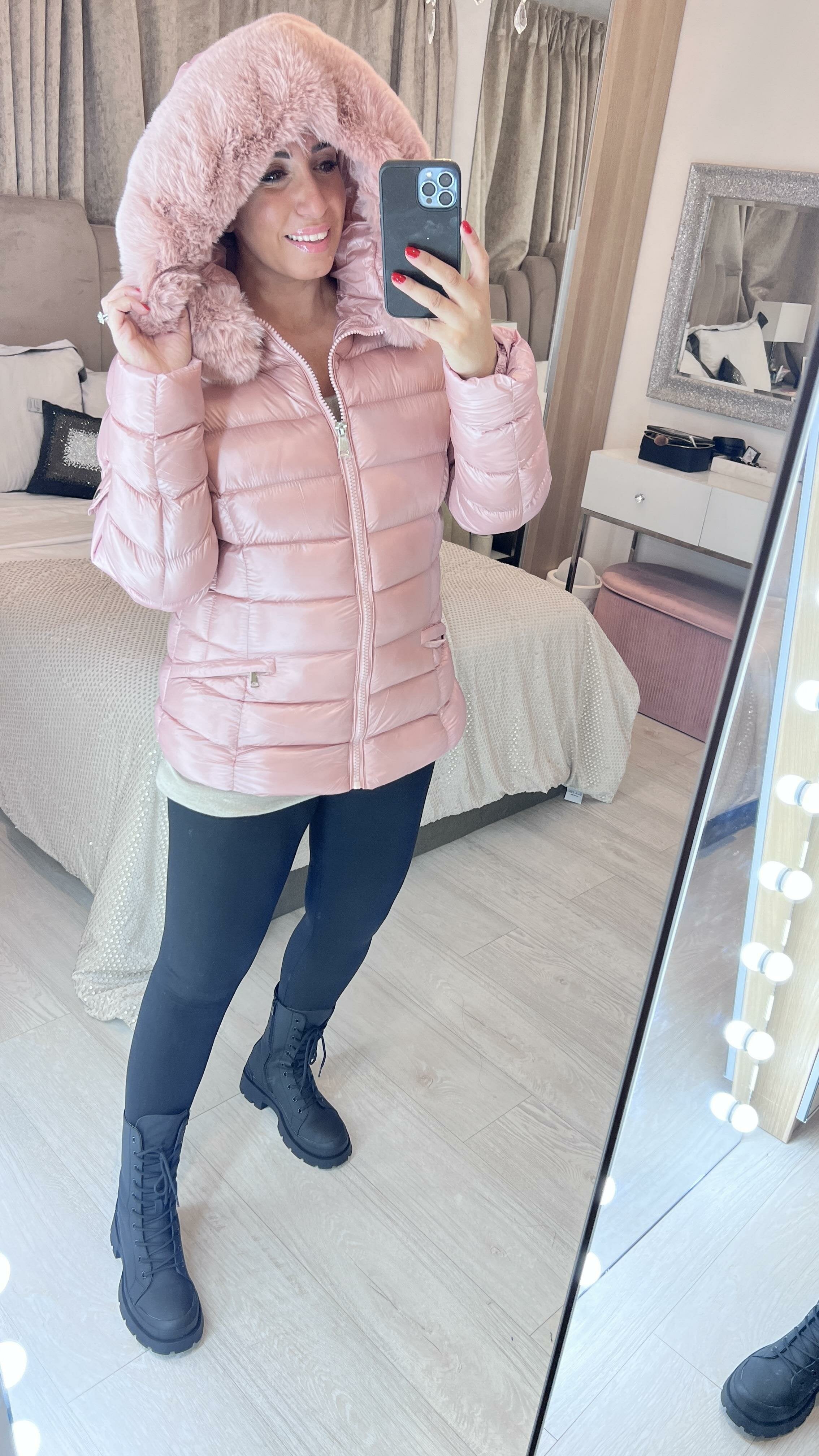 Pentala Pink Faux Fur Hooded Wet Look Puffer Jacket