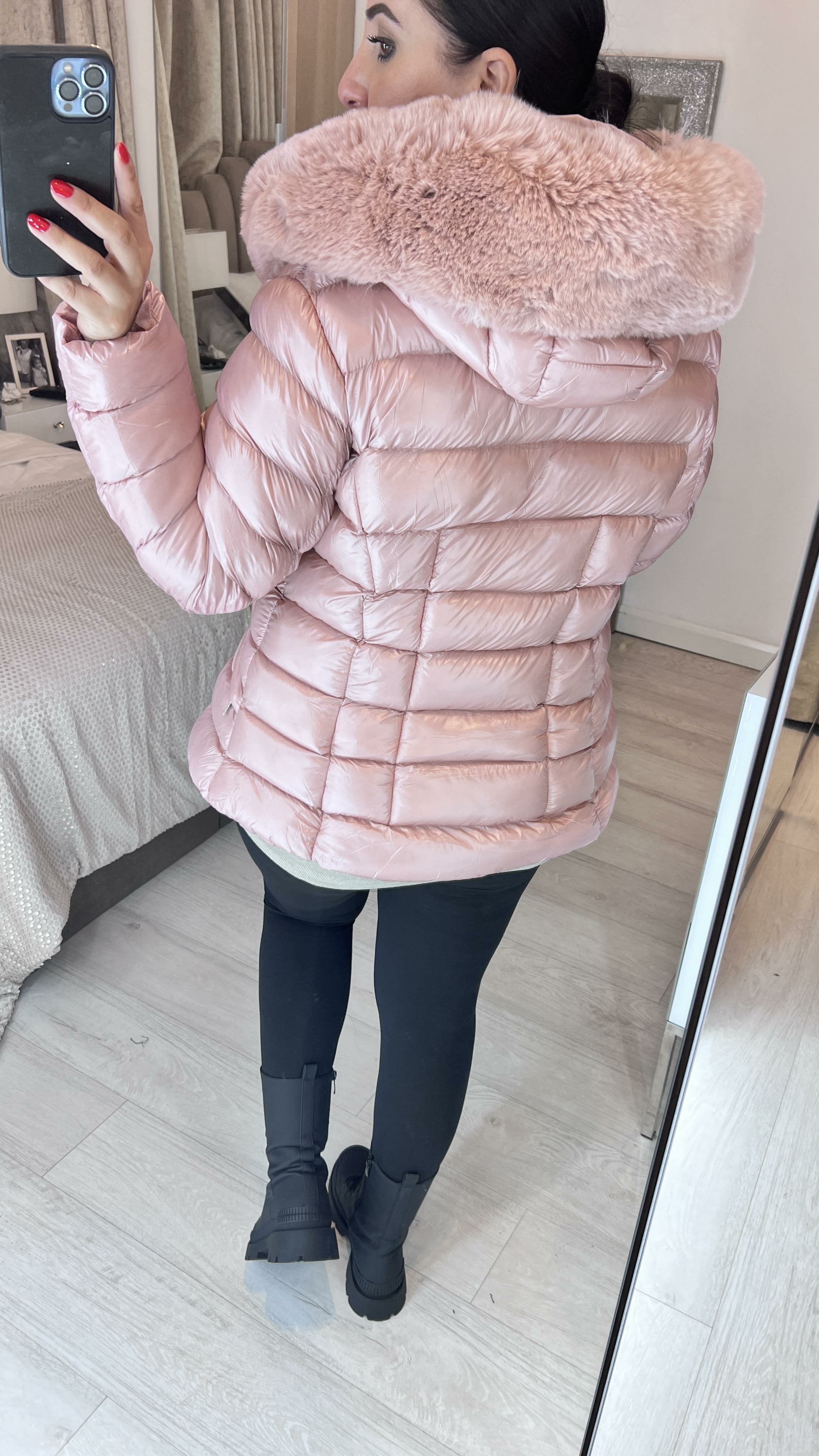 Pentala Pink Faux Fur Hooded Wet Look Puffer Jacket