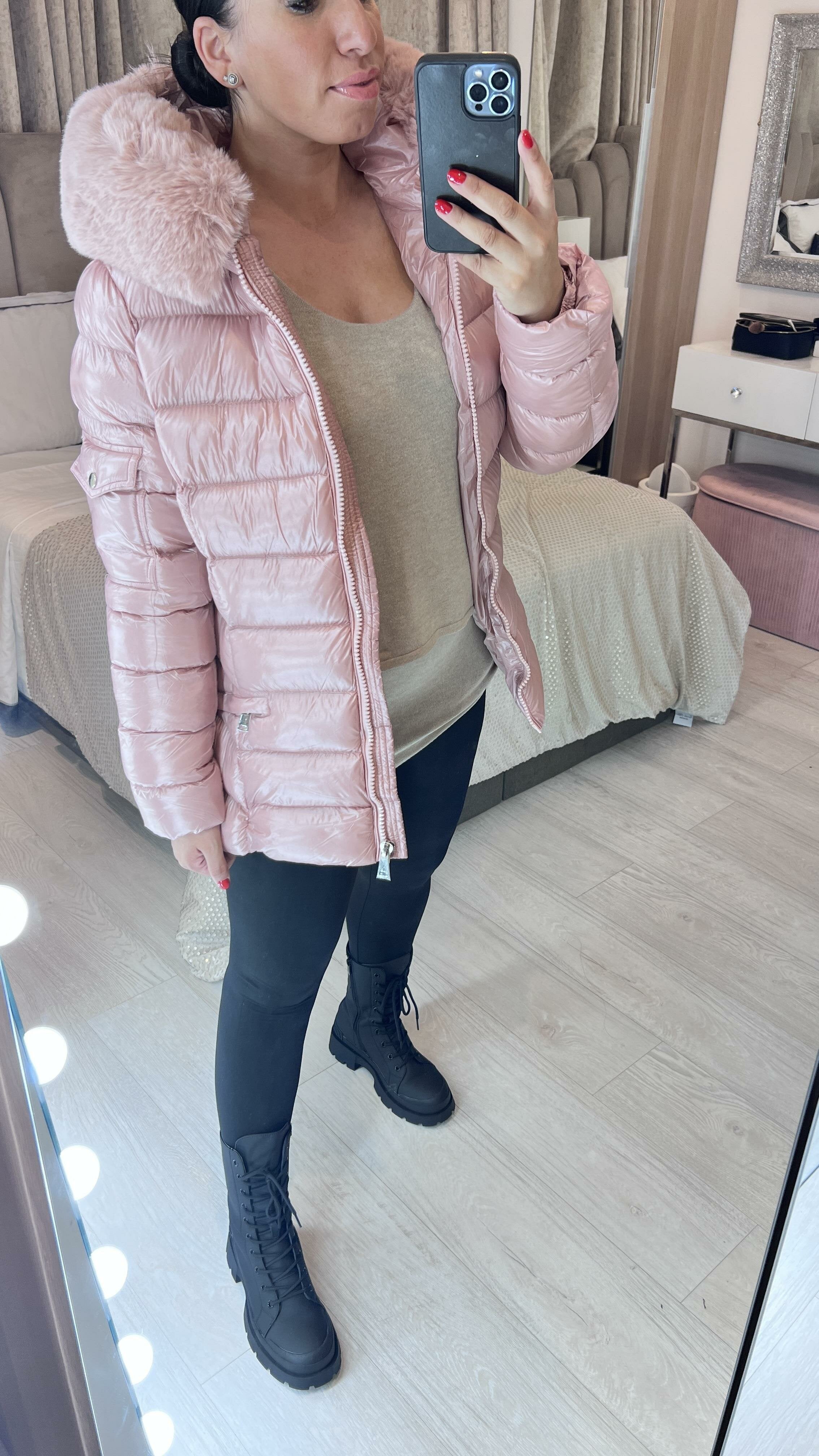 Pentala Pink Faux Fur Hooded Wet Look Puffer Jacket